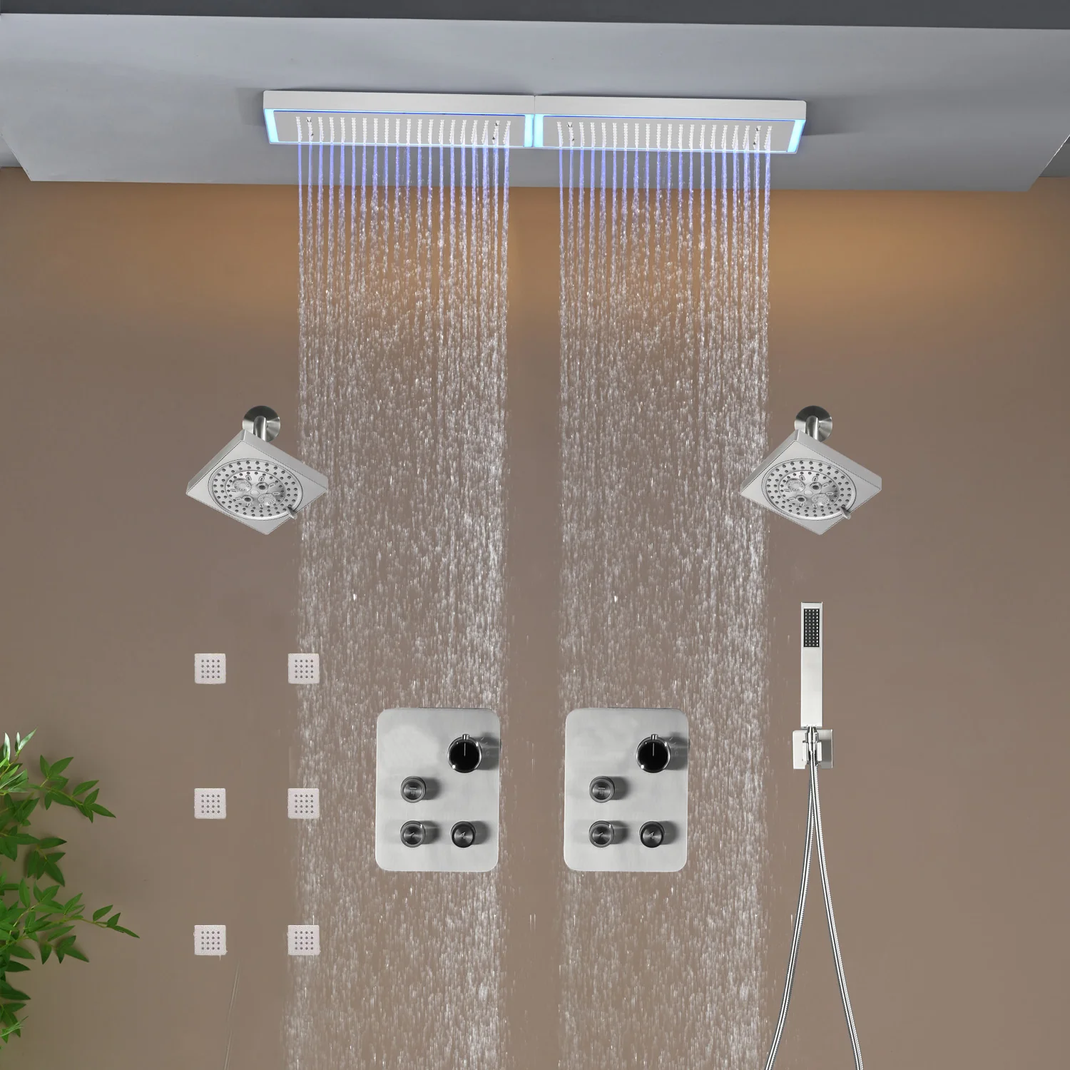 Flush Mount 32 x 8 inch Rainfall 64 LED Light Shower Head with 6-Way Thermostatic Faucet and High-Pressure Dual Regular Heads,6 body jets - Image 18