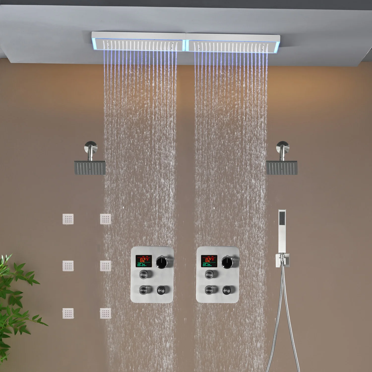 Flush Mount 32 x 8 inch Rainfall 64 LED Light Shower Head with 6-Way Thermostatic Faucet and High-Pressure Dual Regular Heads,6 body jets - Image 19