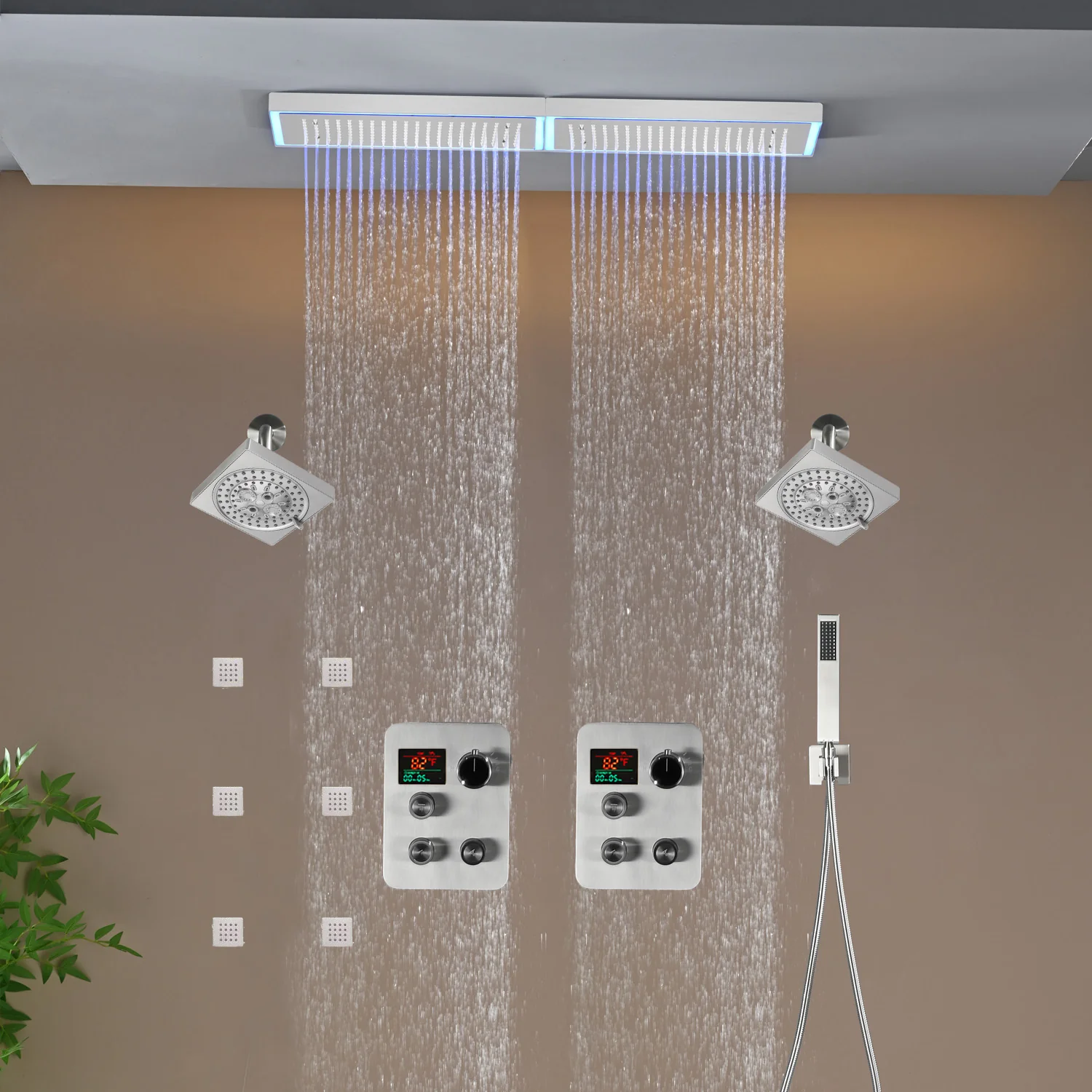 Flush Mount 32 x 8 inch Rainfall 64 LED Light Shower Head with 6-Way Thermostatic Faucet and High-Pressure Dual Regular Heads,6 body jets - Image 20