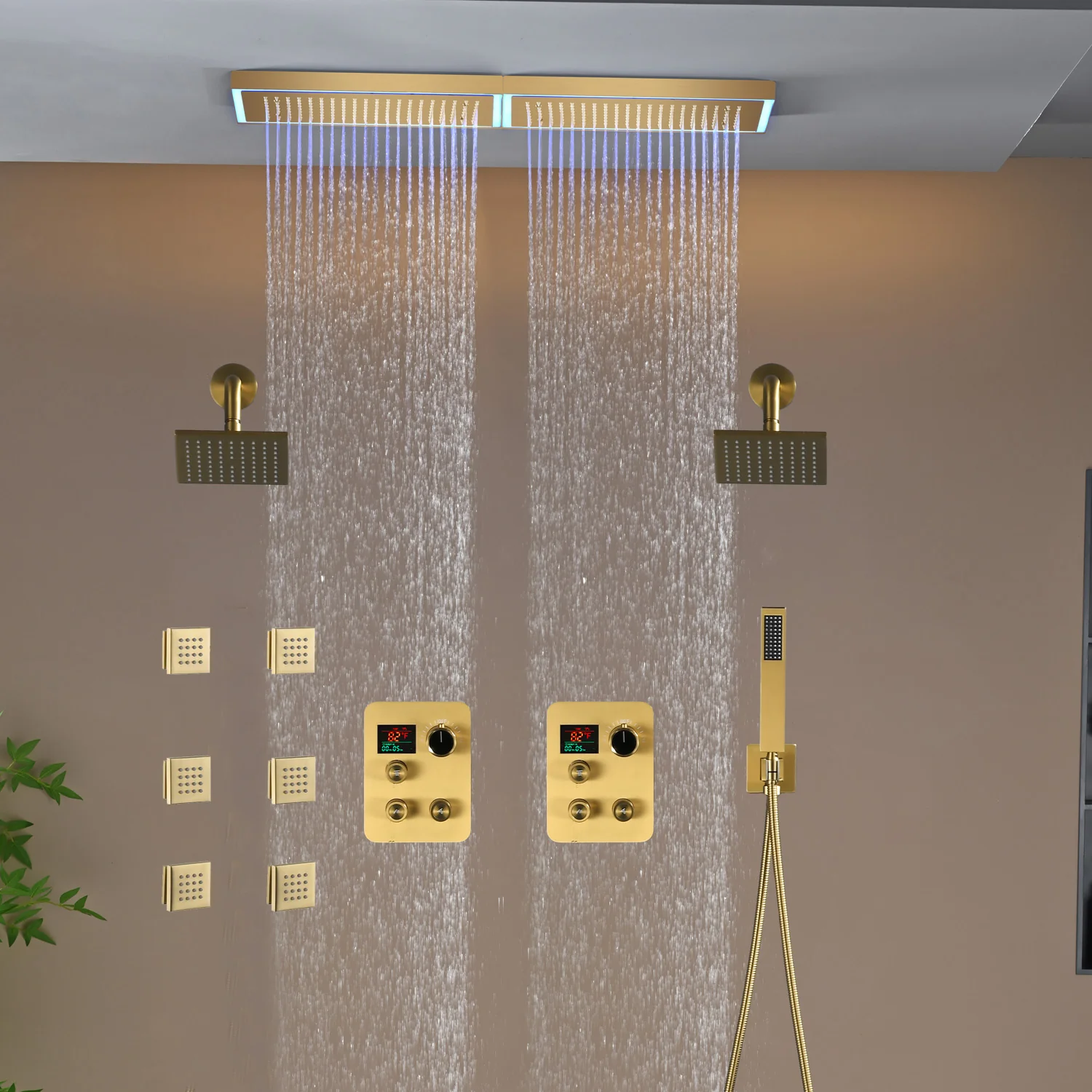 Flush Mount 32 x 8 inch Rainfall 64 LED Light Shower Head with 6-Way Thermostatic Faucet and High-Pressure Dual Regular Heads,6 body jets - Image 3