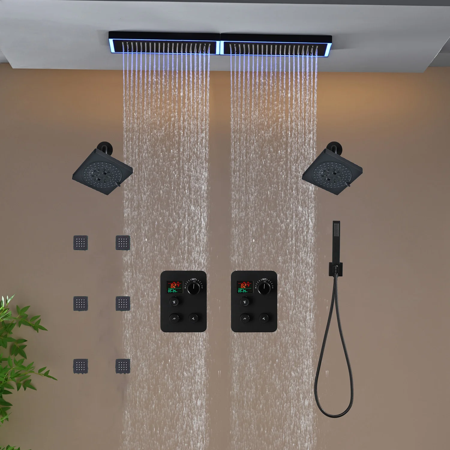 Flush Mount 32 x 8 inch Rainfall 64 LED Light Shower Head with 6-Way Thermostatic Faucet and High-Pressure Dual Regular Heads,6 body jets - Image 38