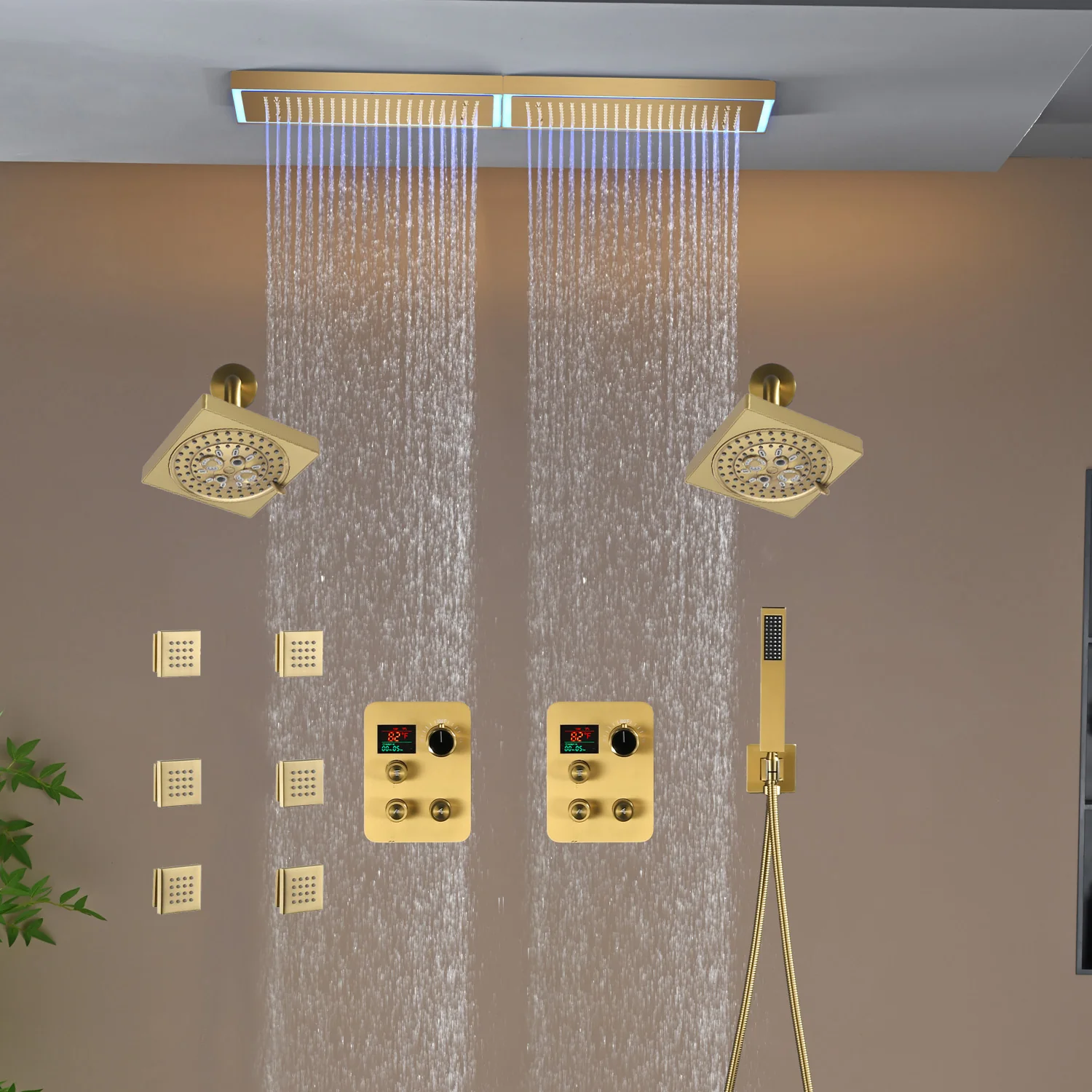Flush Mount 32 x 8 inch Rainfall 64 LED Light Shower Head with 6-Way Thermostatic Faucet and High-Pressure Dual Regular Heads,6 body jets - Image 4