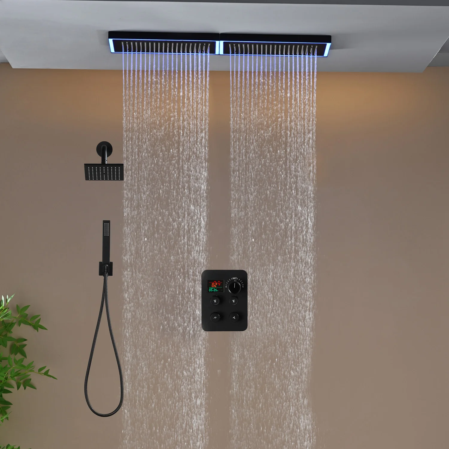 Flush Mount 32 x 8 inch Rainfall 64 LED Light Shower Head with 4-Way Thermostatic Faucet and High-Pressure Regular Heads - Image 29