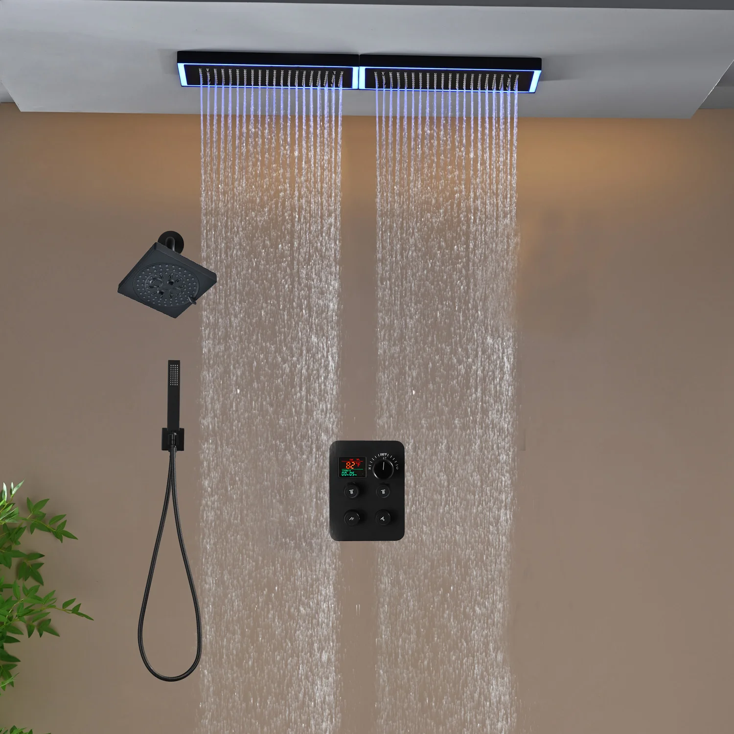 Flush Mount 32 x 8 inch Rainfall 64 LED Light Shower Head with 4-Way Thermostatic Faucet and High-Pressure Regular Heads - Image 30