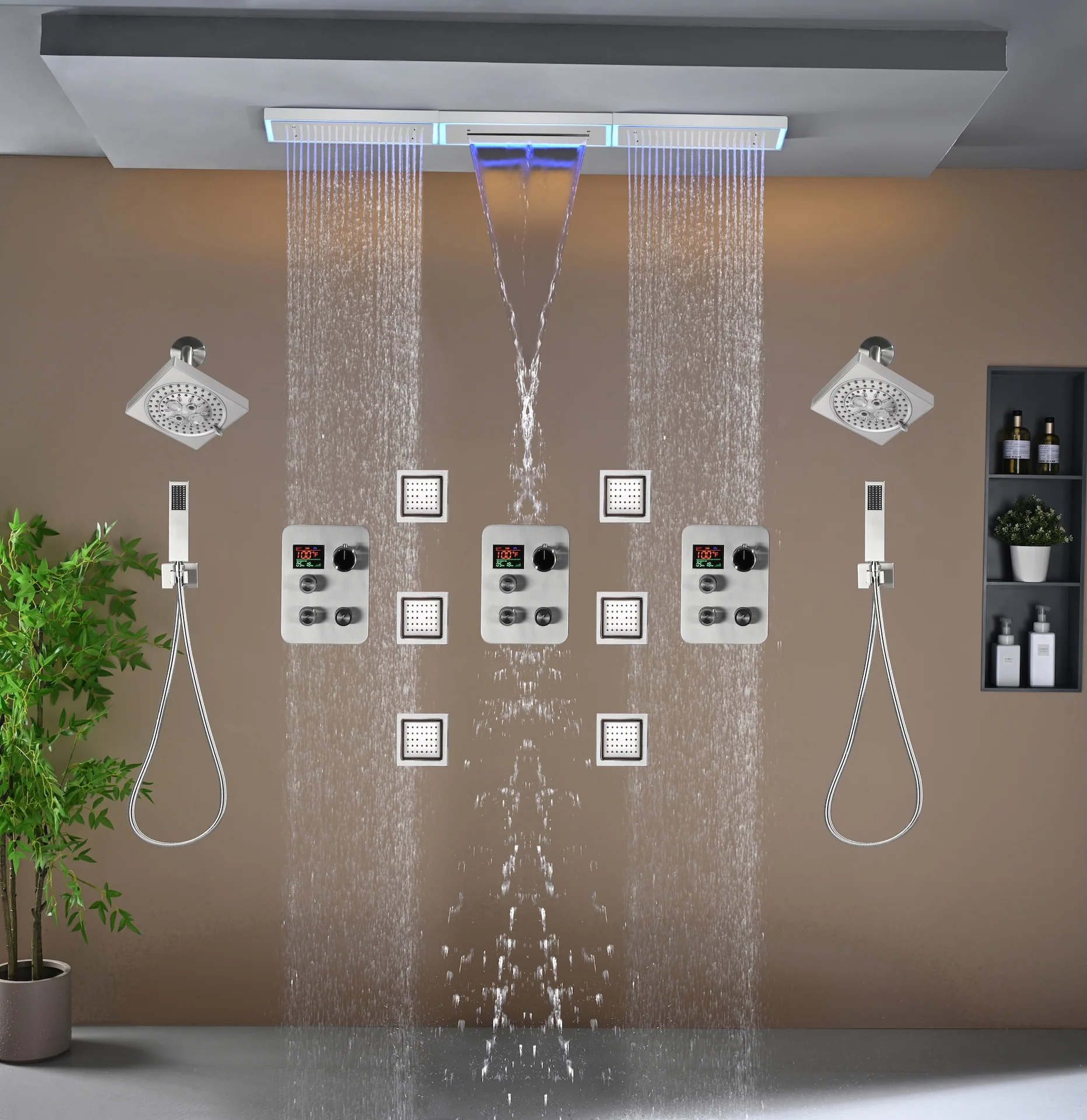 Flush Mount 48 x 8 inch Rainfall Waterfall 64 LED Light Shower Head with 9-Way Thermostatic Faucet and High-Pressure Wall Mount Regular Shower Head and 6 Body Jets - Image 2