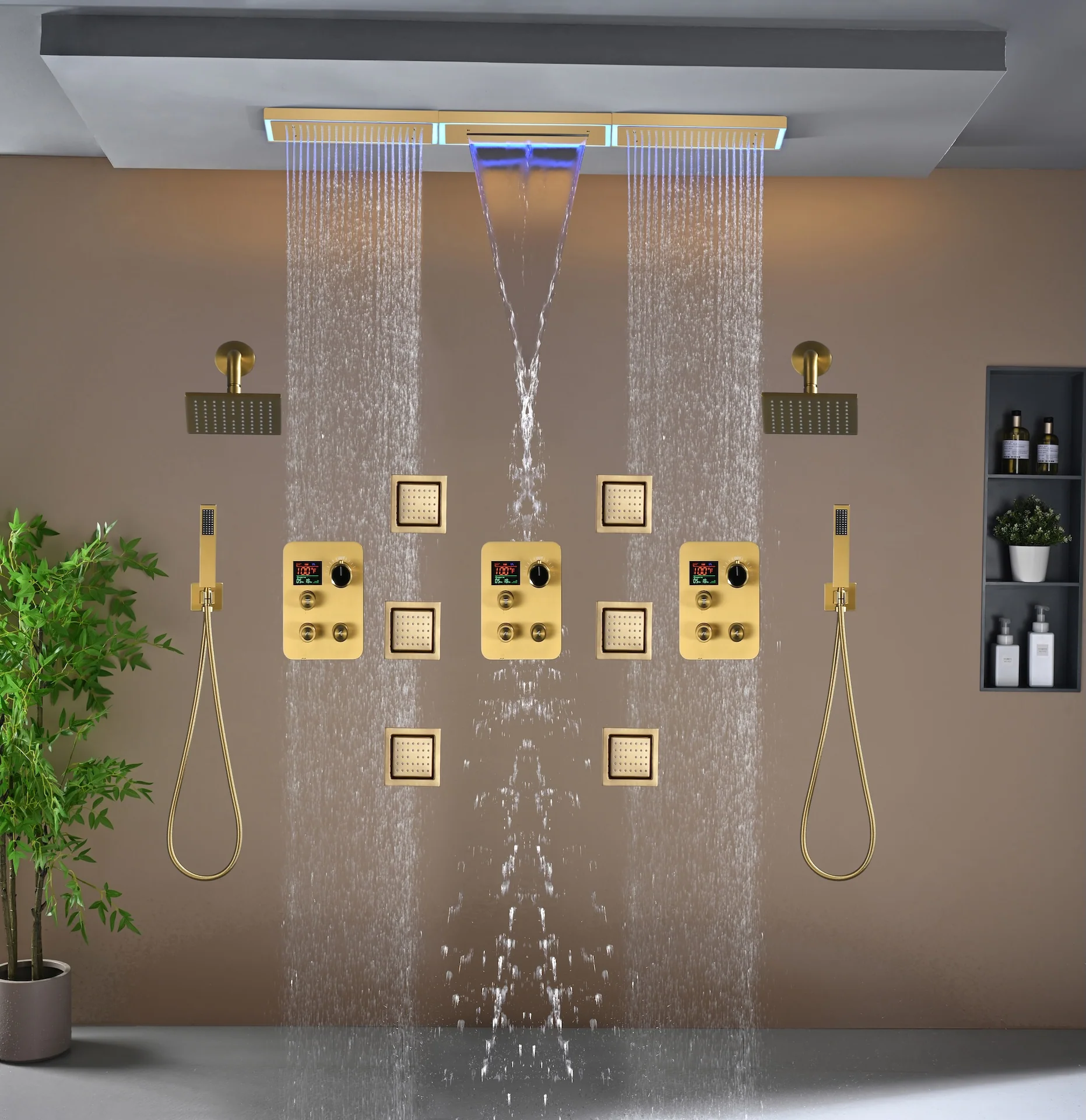 Flush Mount 48 x 8 inch Rainfall Waterfall 64 LED Light Shower Head with 9-Way Thermostatic Faucet and High-Pressure Wall Mount Regular Shower Head and 6 Body Jets - Image 20