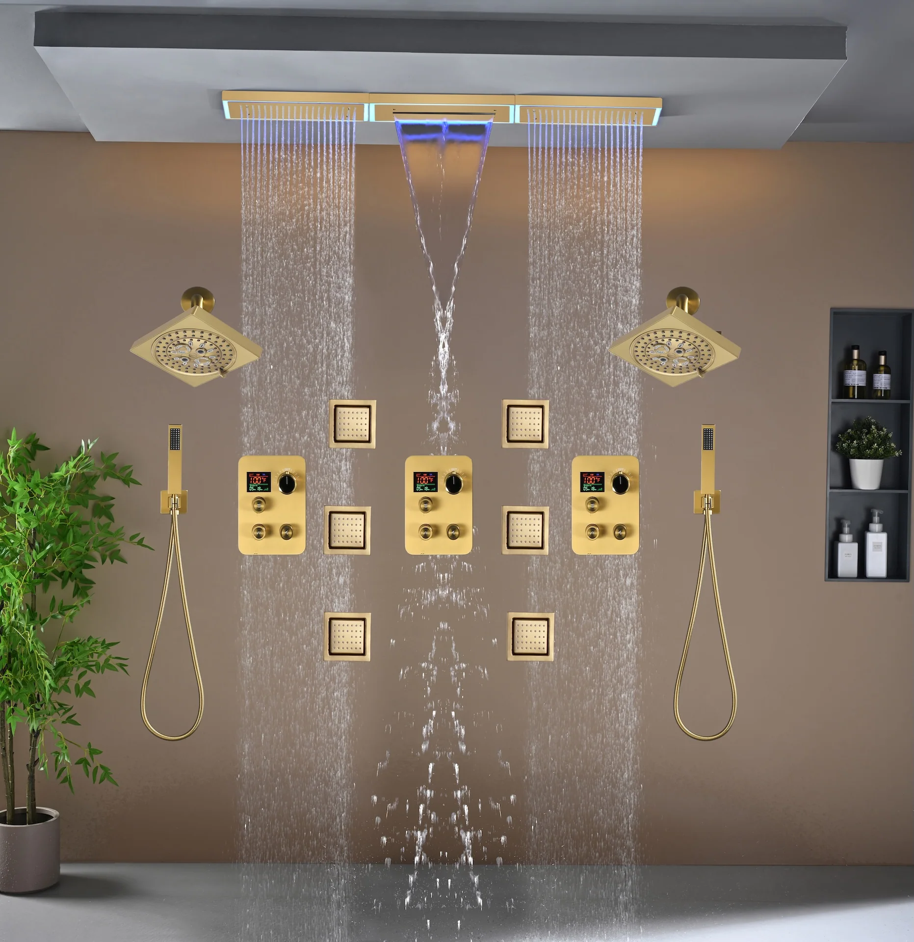 Flush Mount 48 x 8 inch Rainfall Waterfall 64 LED Light Shower Head with 9-Way Thermostatic Faucet and High-Pressure Wall Mount Regular Shower Head and 6 Body Jets - Image 21