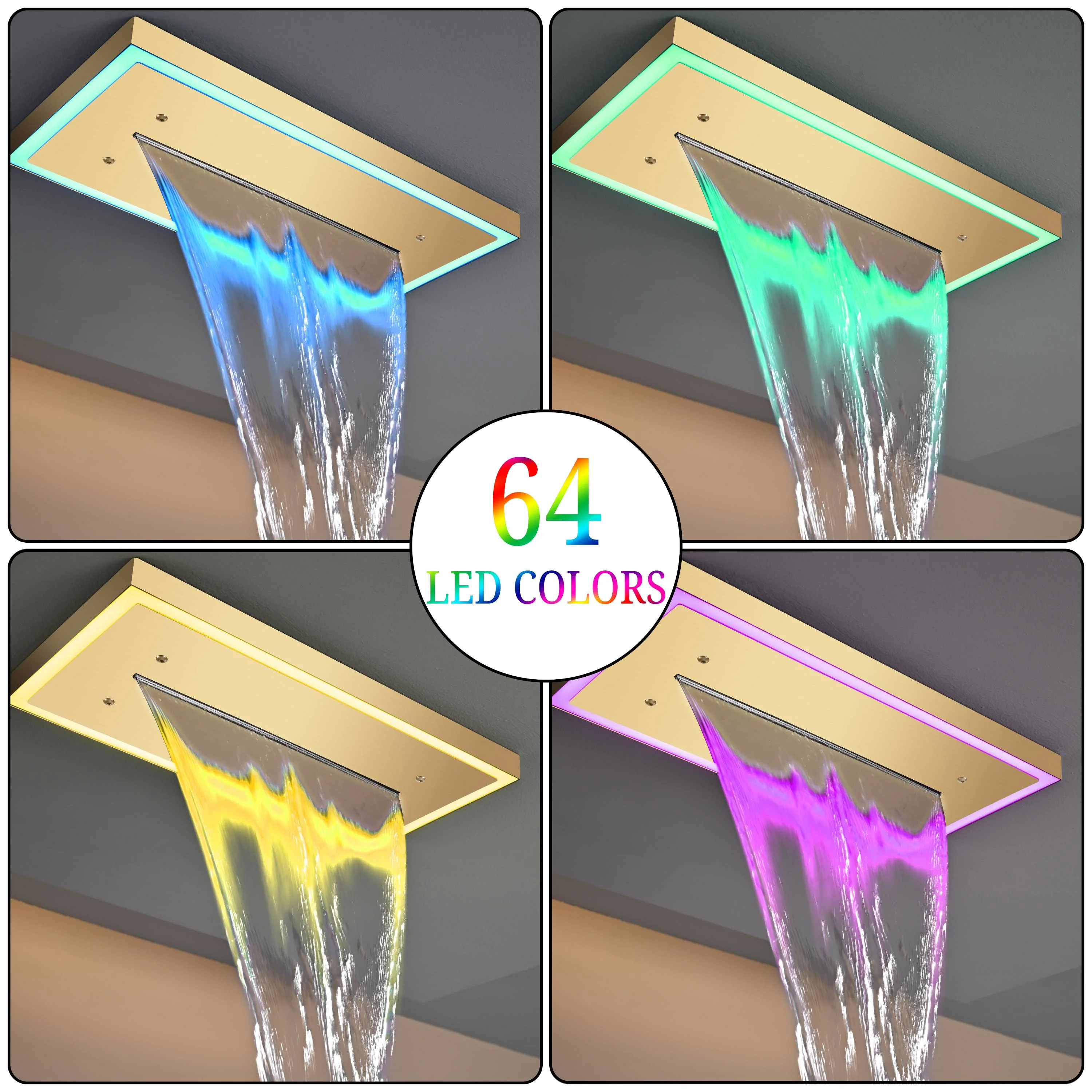 Flush Mount 24 X 16 inch or 48 x 8 inch Rainfall Waterfall 64 LED Light Shower Head with 6-Way Thermostatic Faucet and High-Pressure Wall Mount Regular Shower Head - Image 18