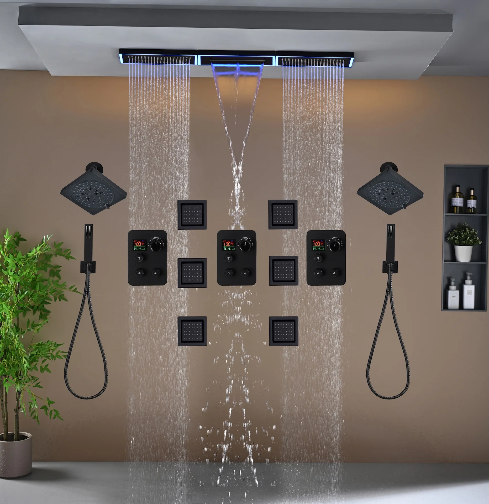 Flush Mount 48 x 8 inch Rainfall Waterfall 64 LED Light Shower Head with 9-Way Thermostatic Faucet and High-Pressure Wall Mount Regular Shower Head and 6 Body Jets - Image 42