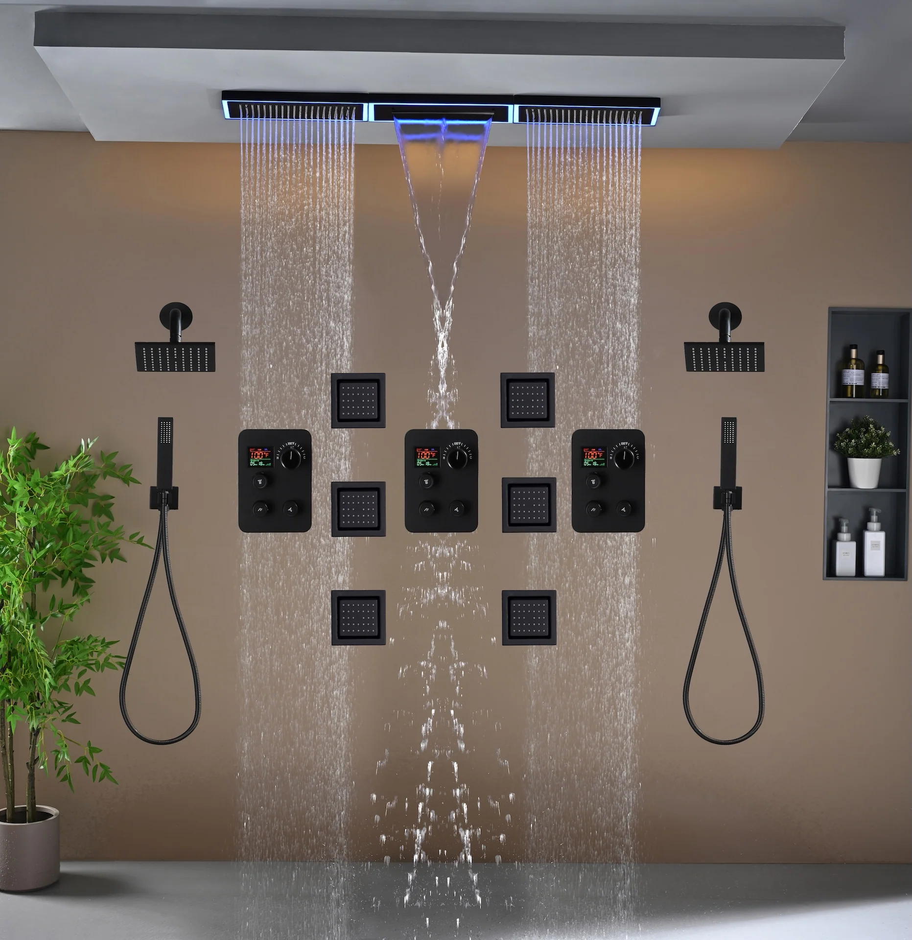Flush Mount 48 x 8 inch Rainfall Waterfall 64 LED Light Shower Head with 9-Way Thermostatic Faucet and High-Pressure Wall Mount Regular Shower Head and 6 Body Jets - Image 43