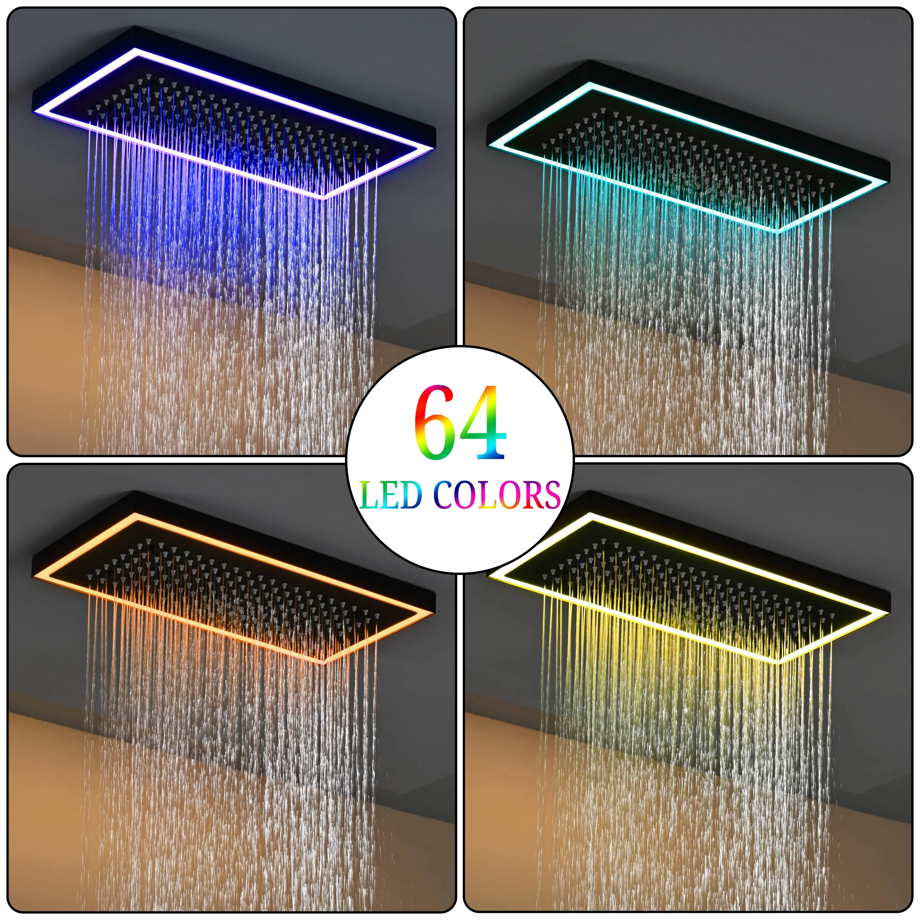 Flush Mount 24 X 16 inch or 48 x 8 inch Rainfall Waterfall 64 LED Light Shower Head with 6-Way Thermostatic Faucet and High-Pressure Wall Mount Regular Shower Head - Image 35