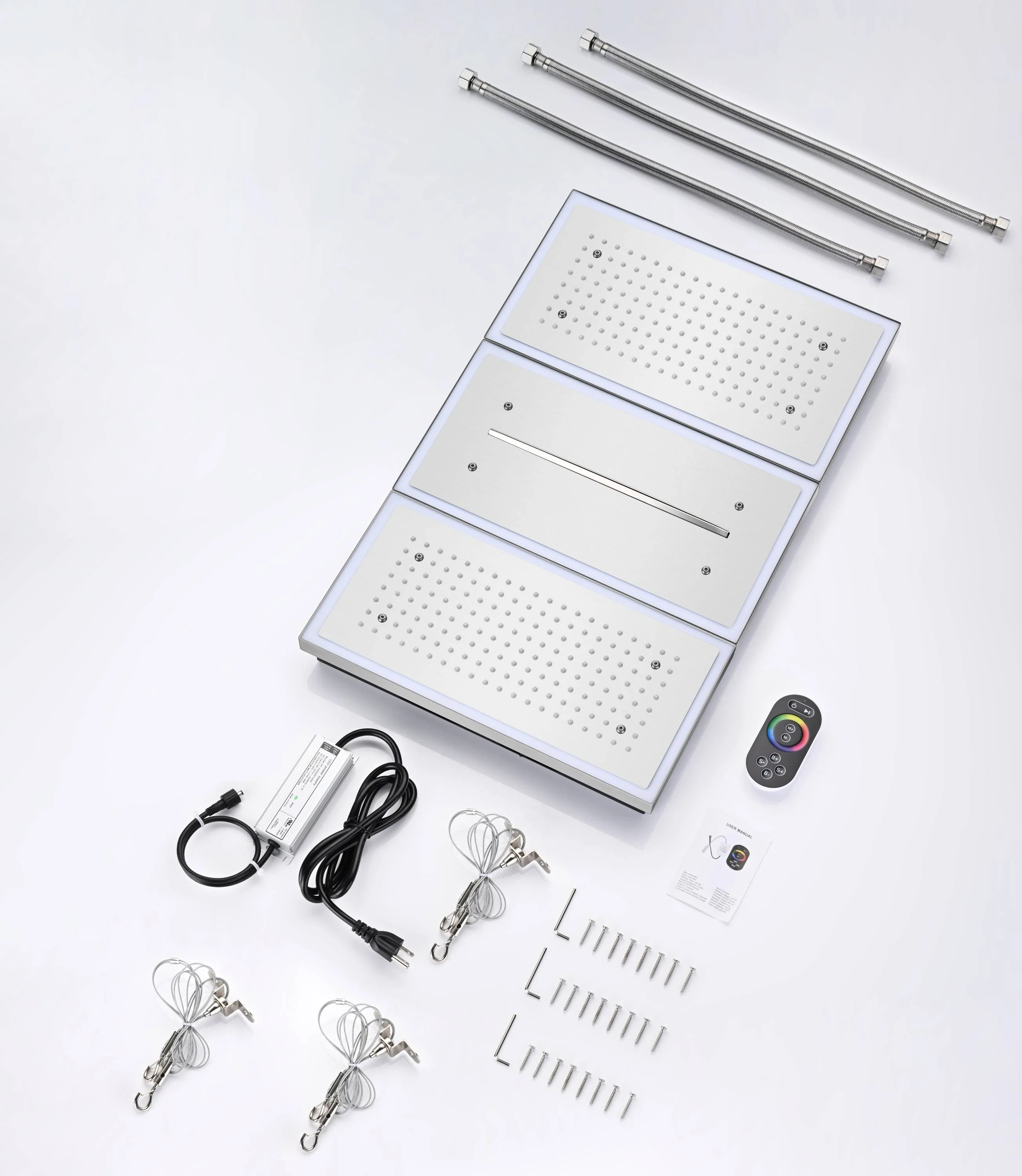 Flush Mount 24 X 16 inch or 48 x 8 inch Rainfall Waterfall 64 LED Light Shower Head with 6-Way Thermostatic Faucet and High-Pressure Wall Mount Regular Shower Head - Image 5