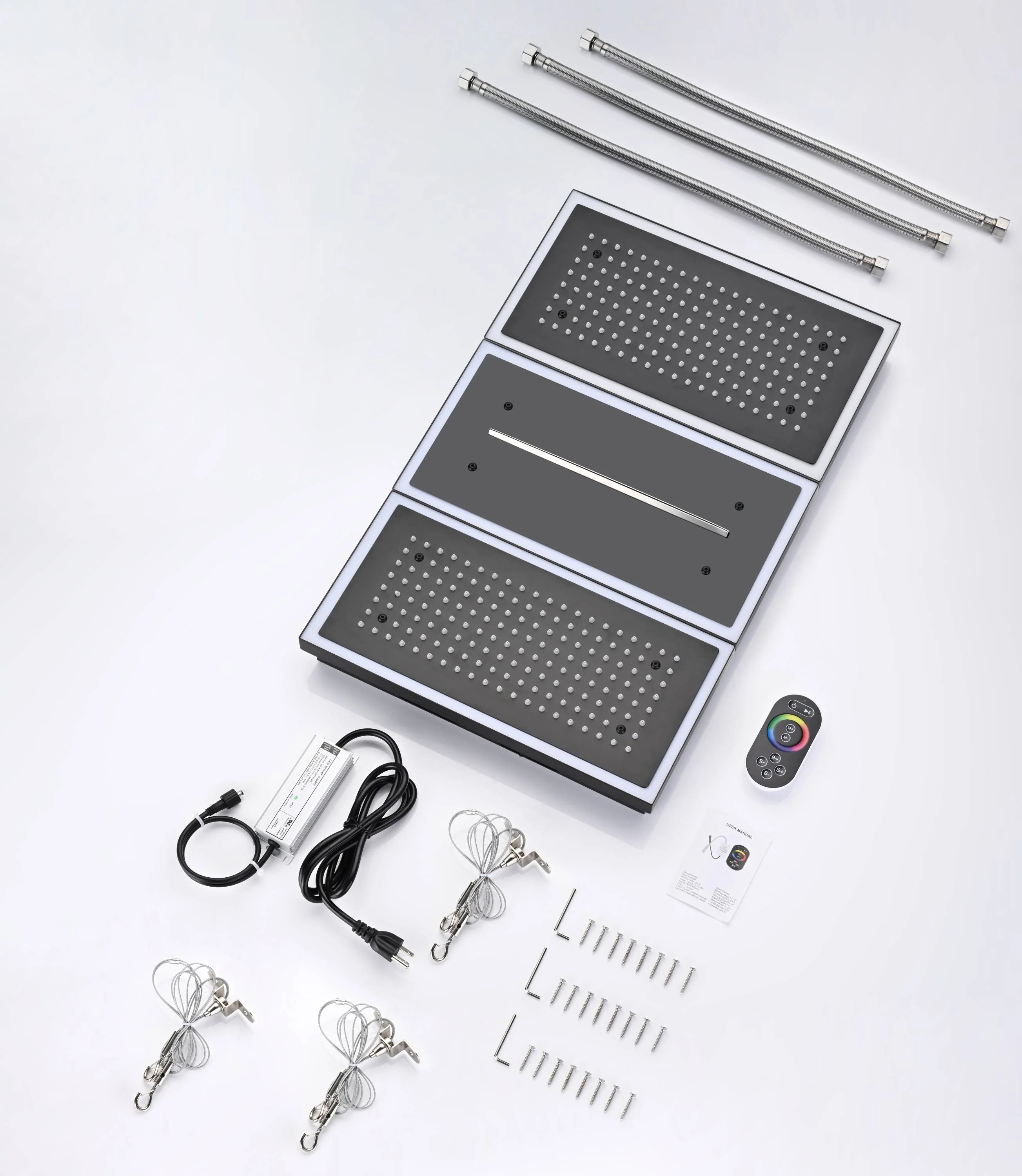Flush Mount 24 X 16 inch or 48 x 8 inch Rainfall Waterfall 64 LED Light Shower Head with 6-Way Thermostatic Faucet and High-Pressure Wall Mount Regular Shower Head - Image 38