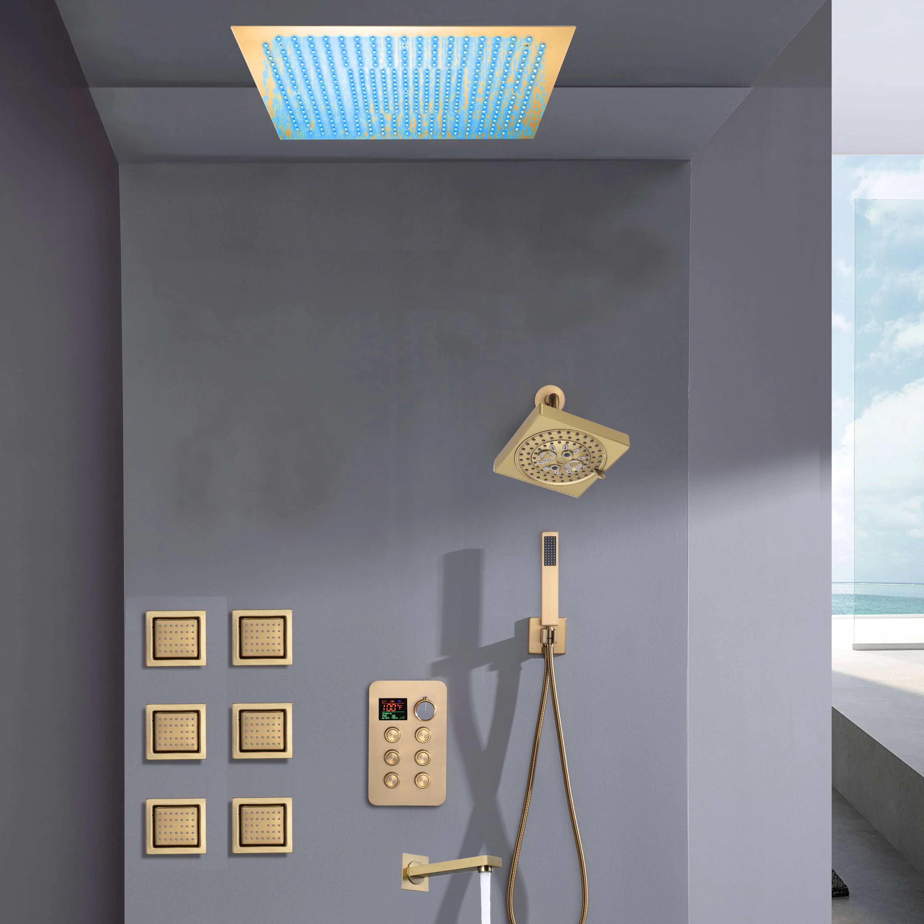 Flush Mount Bluetooth Music 64 LED Light Shower Head with 6-Way Digital Faucet, 6" Regular Head, 6 Body Jets  and Tub Spout - Image 10