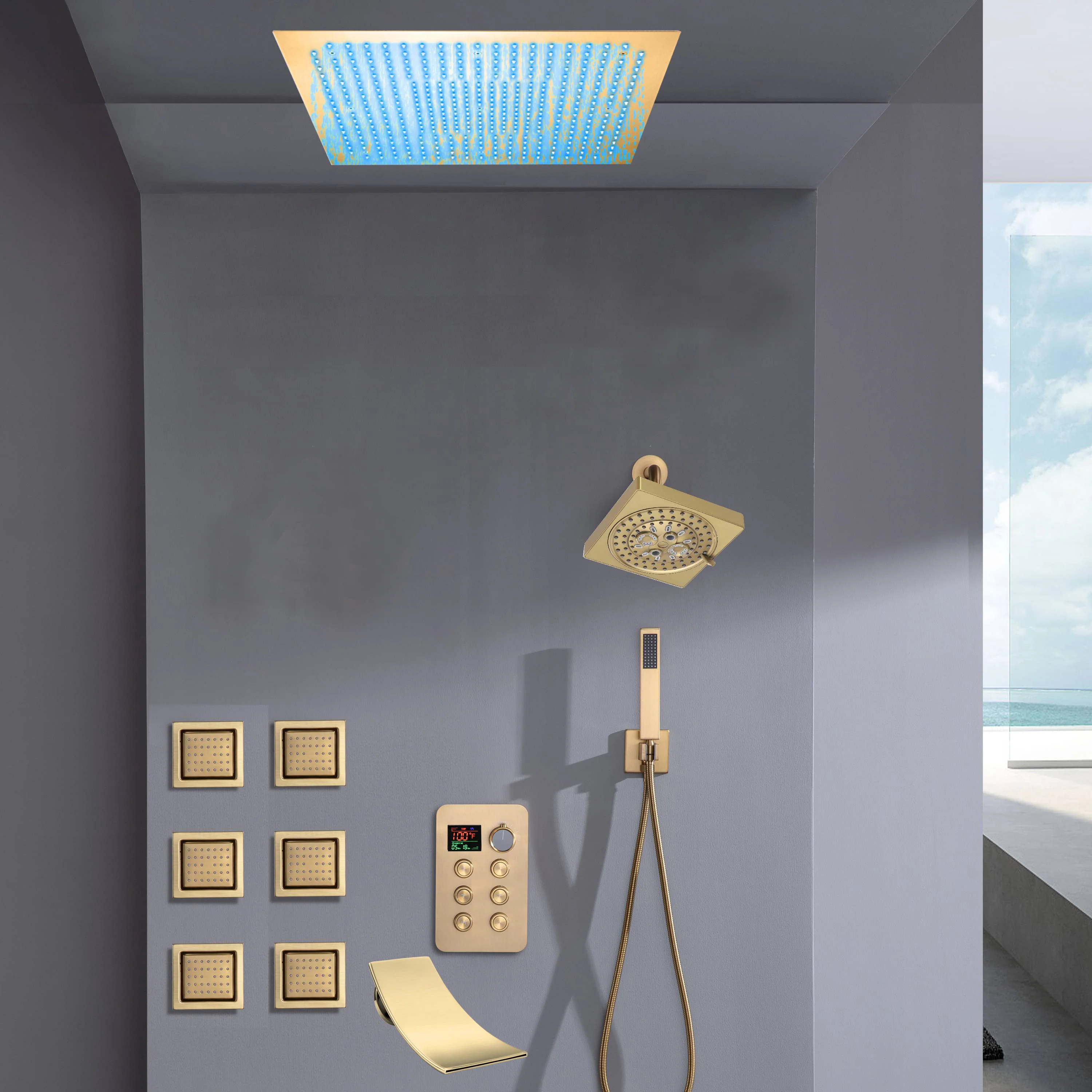 Flush Mount Bluetooth Music 64 LED Light Shower Head with 6-Way Digital Faucet, 6" Regular Head, 6 Body Jets  and Tub Spout - Image 11