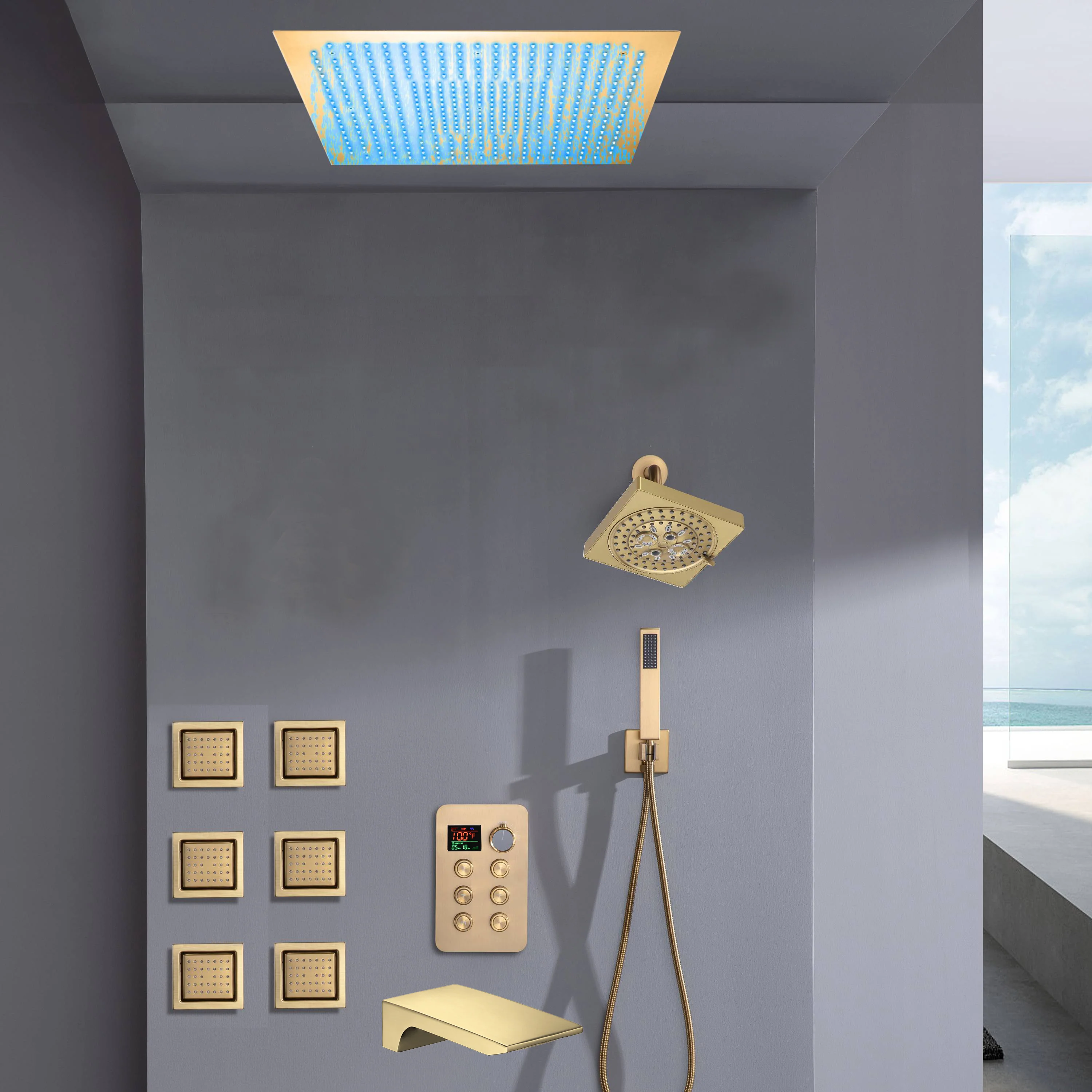 Flush Mount Bluetooth Music 64 LED Light Shower Head with 6-Way Digital Faucet, 6" Regular Head, 6 Body Jets  and Tub Spout - Image 12