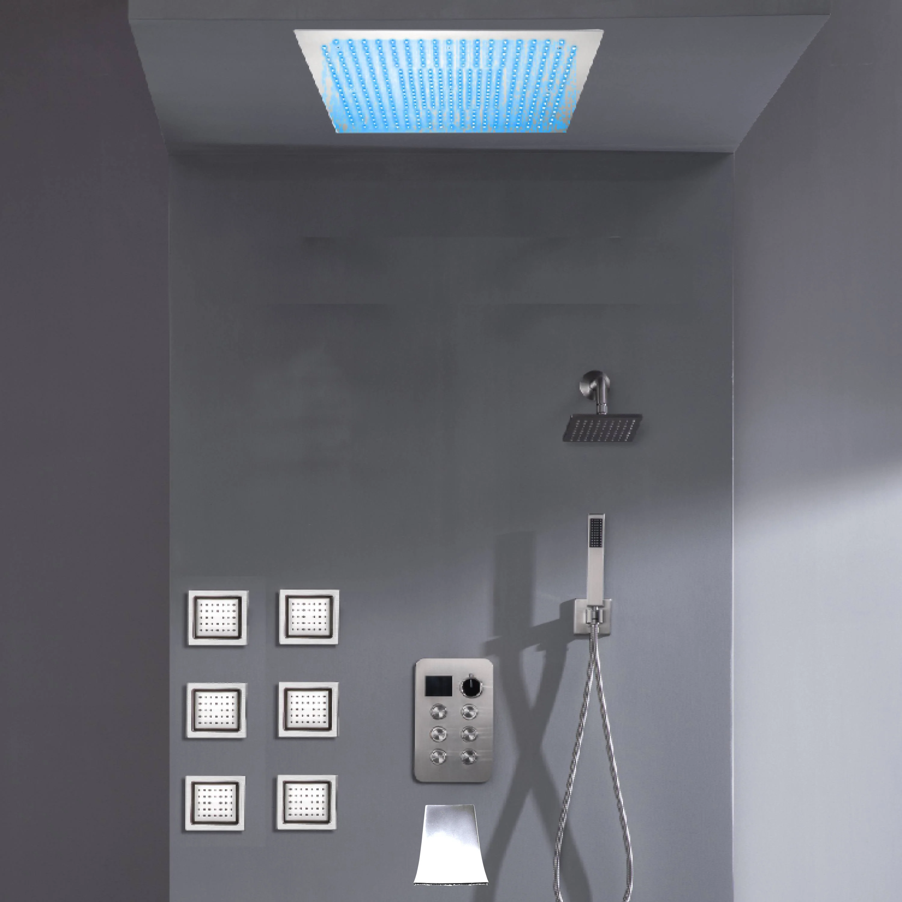 Flush Mount Bluetooth Music 64 LED Light Shower Head with 6-Way Digital Faucet, 6" Regular Head, 6 Body Jets  and Tub Spout - Image 14