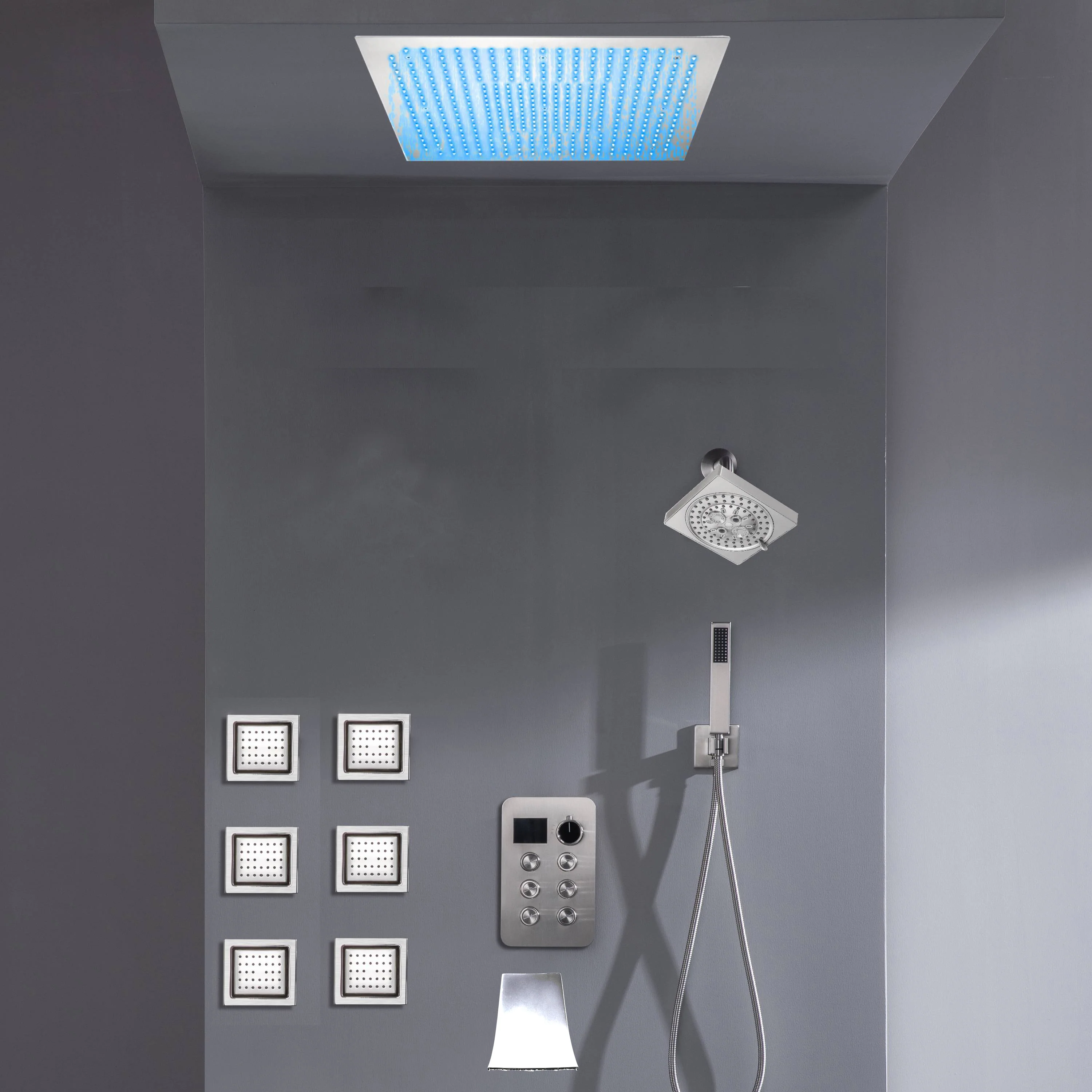 Flush Mount Bluetooth Music 64 LED Light Shower Head with 6-Way Digital Faucet, 6" Regular Head, 6 Body Jets  and Tub Spout - Image 17