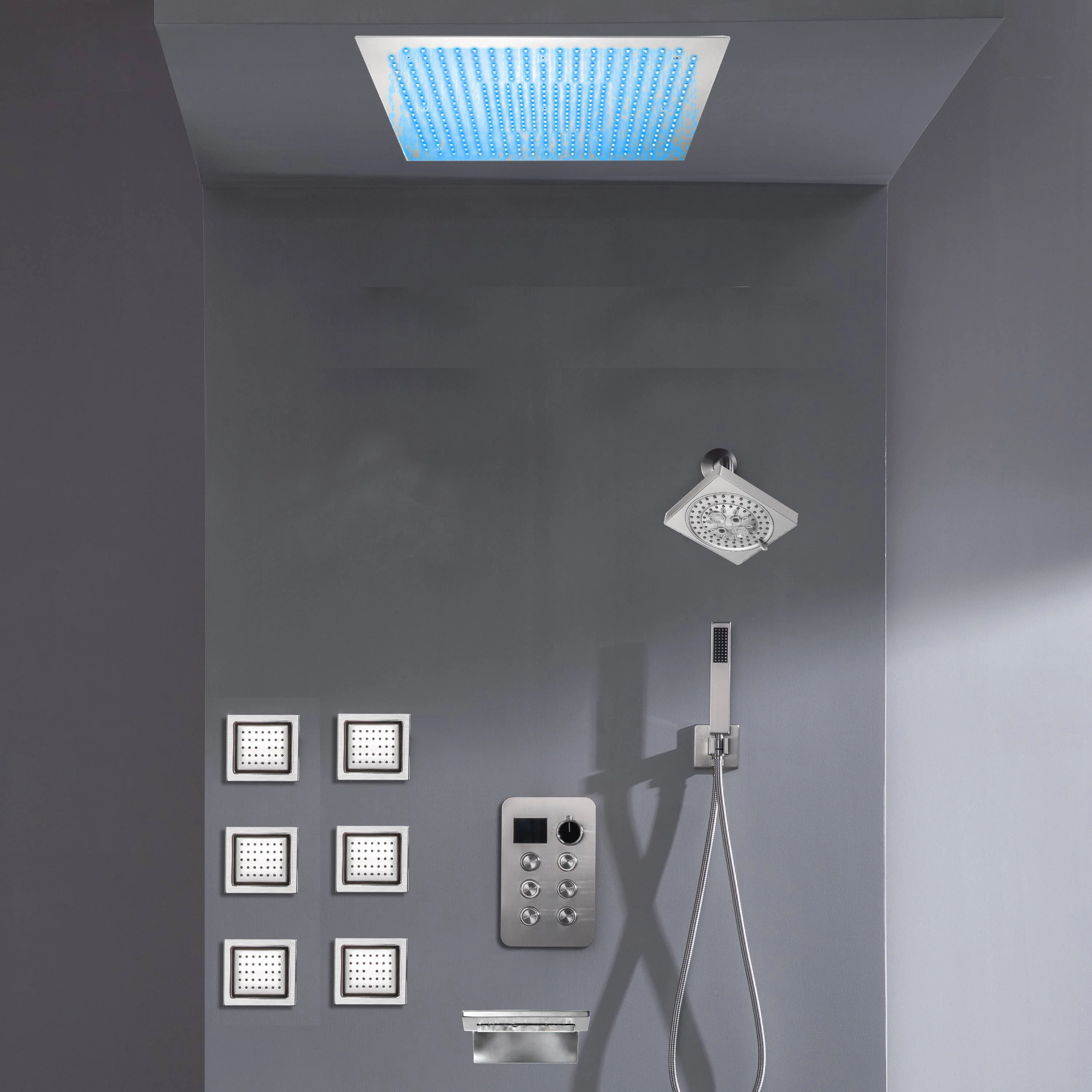 Flush Mount Bluetooth Music 64 LED Light Shower Head with 6-Way Digital Faucet, 6" Regular Head, 6 Body Jets  and Tub Spout - Image 18