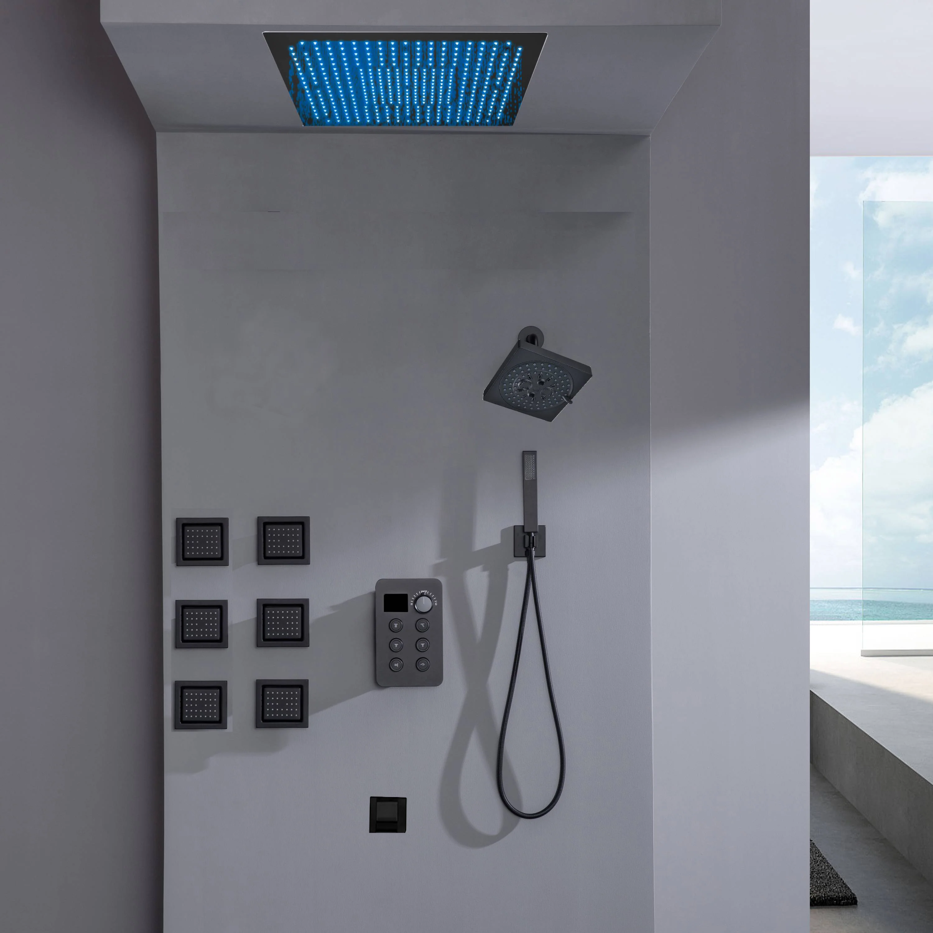 Flush Mount Bluetooth Music 64 LED Light Shower Head with 6-Way Digital Faucet, 6" Regular Head, 6 Body Jets  and Tub Spout - Image 4