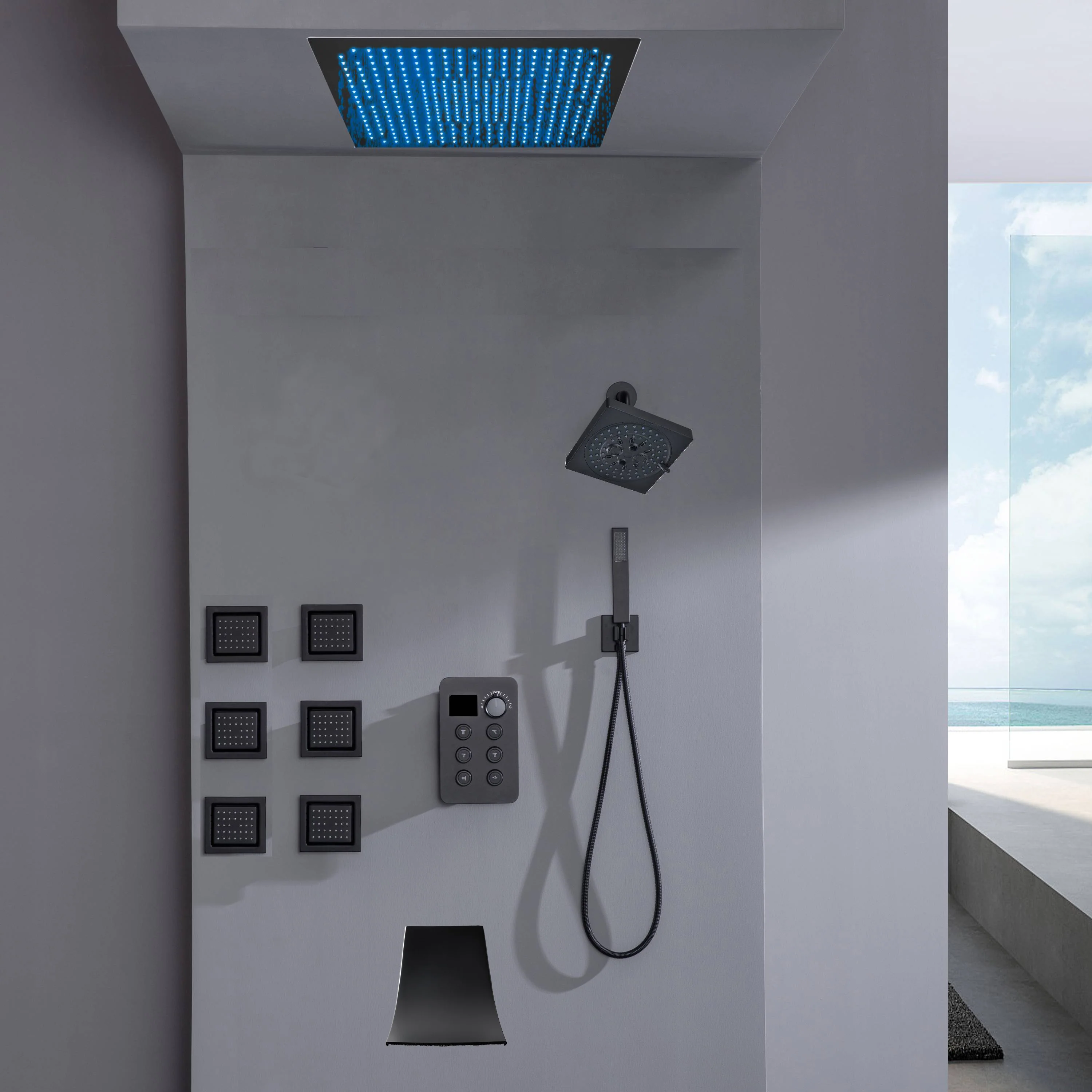Flush Mount Bluetooth Music 64 LED Light Shower Head with 6-Way Digital Faucet, 6" Regular Head, 6 Body Jets  and Tub Spout - Image 5