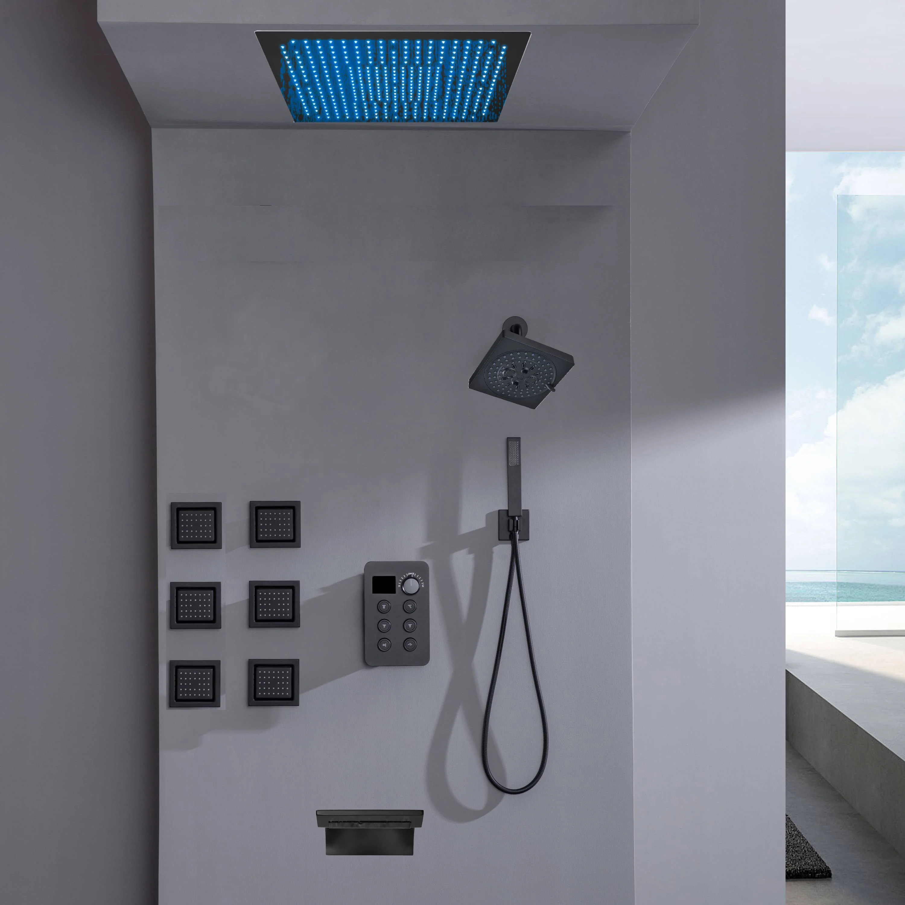 Flush Mount Bluetooth Music 64 LED Light Shower Head with 6-Way Digital Faucet, 6" Regular Head, 6 Body Jets  and Tub Spout - Image 6