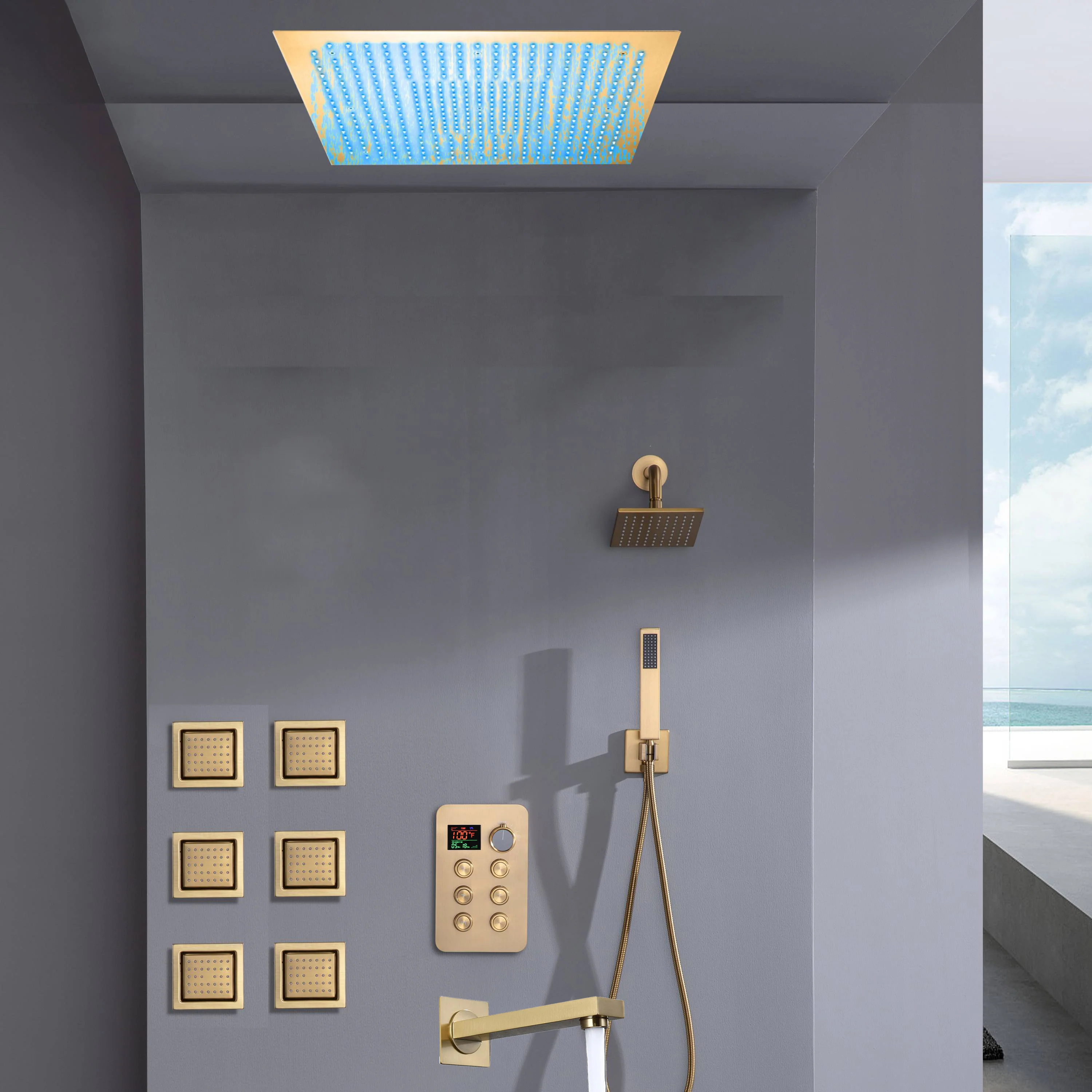 Flush Mount Bluetooth Music 64 LED Light Shower Head with 6-Way Digital Faucet, 6" Regular Head, 6 Body Jets  and Tub Spout - Image 7