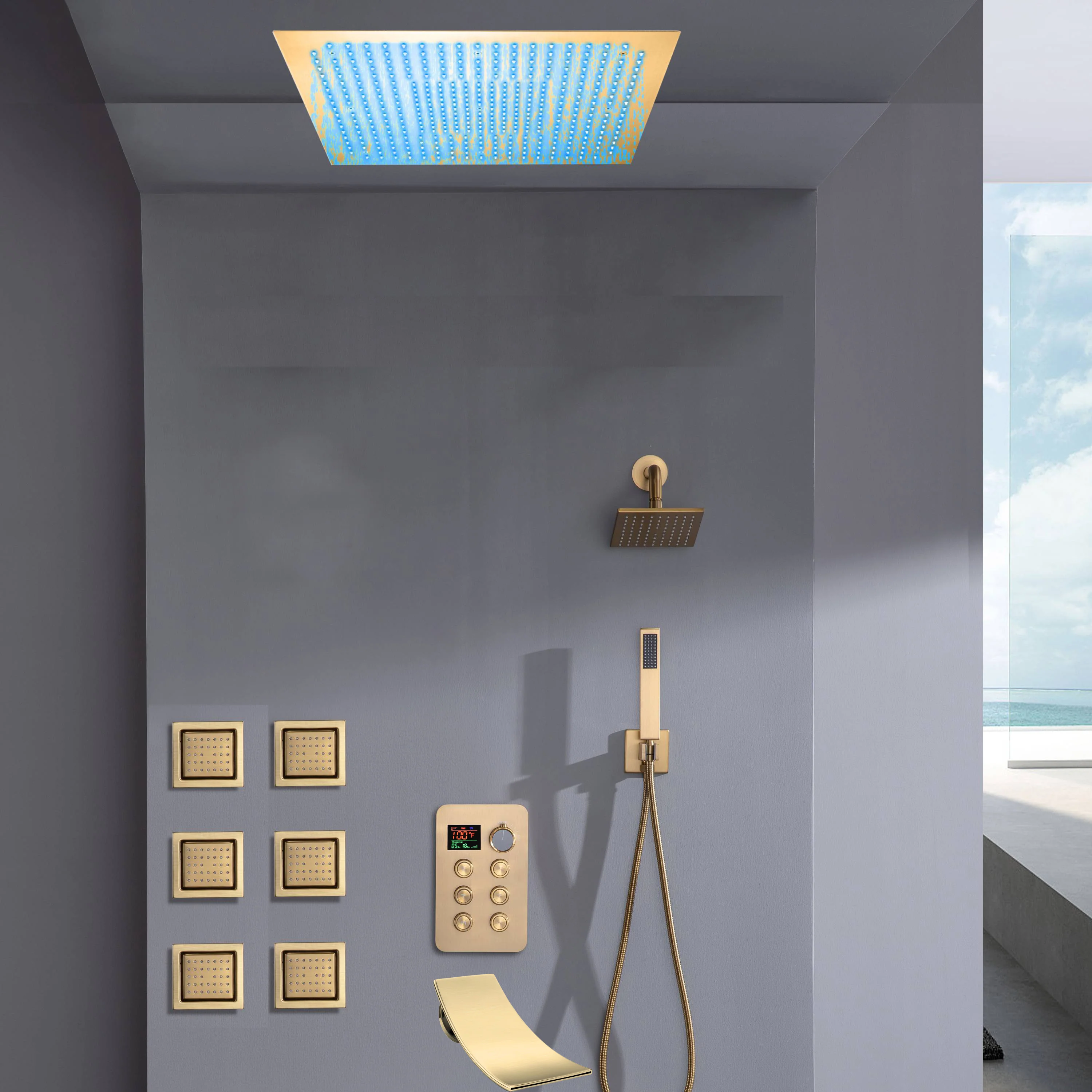 Flush Mount Bluetooth Music 64 LED Light Shower Head with 6-Way Digital Faucet, 6" Regular Head, 6 Body Jets  and Tub Spout - Image 8