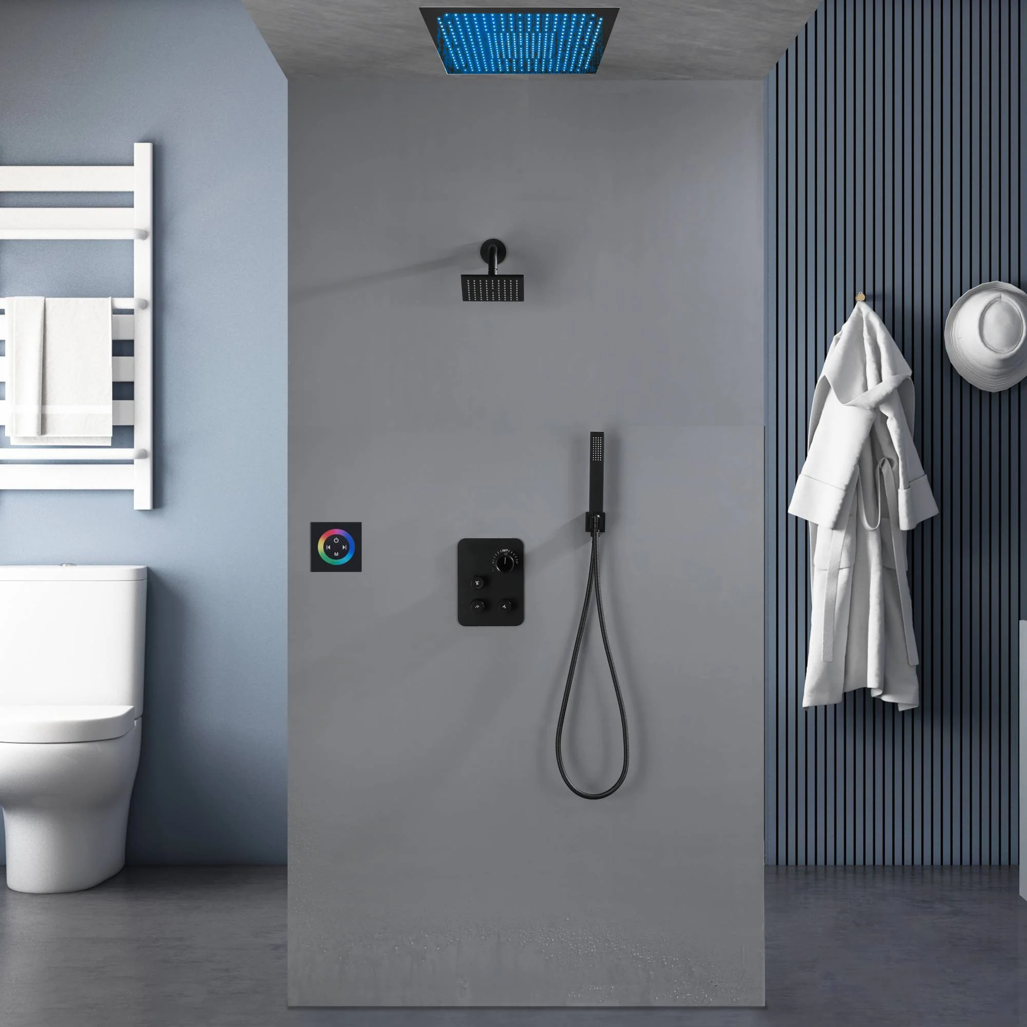 Flush Mount Shower Faucet Set with 3-Way non-Digital Thermostatic Control, 64-Color LED Lights - Image 2