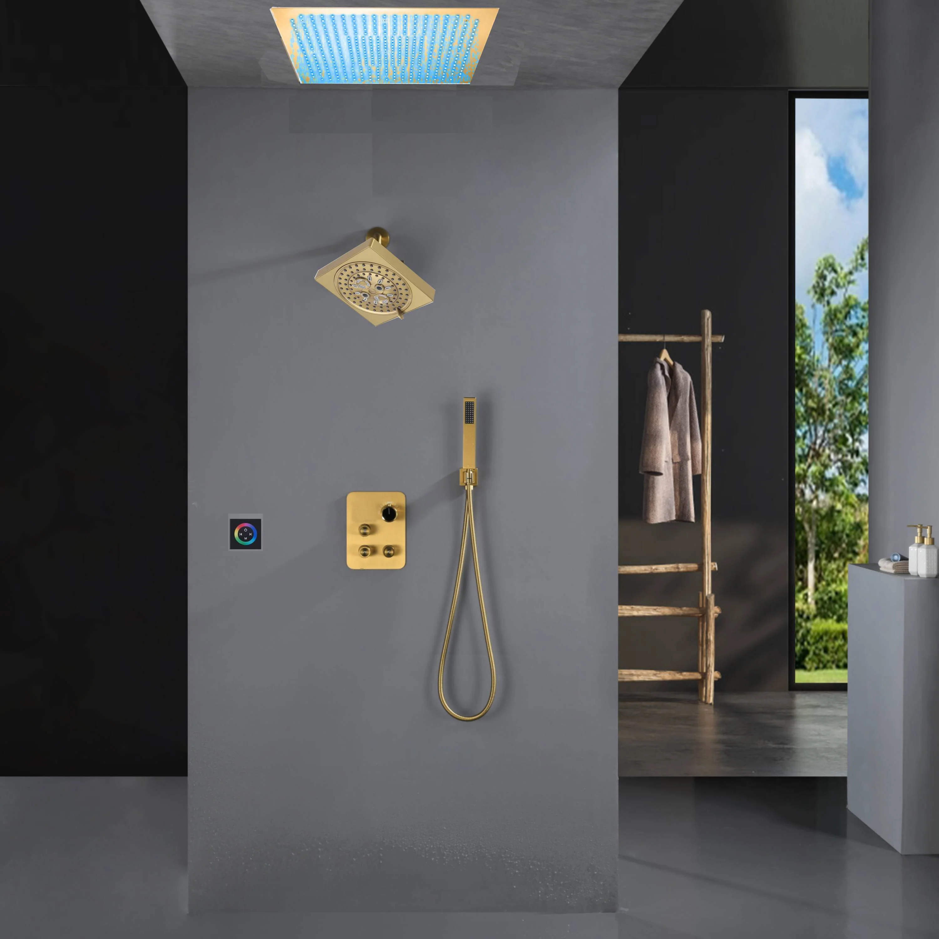 Flush Mount Shower Faucet Set with 3-Way non-Digital Thermostatic Control, 64-Color LED Lights - Image 4
