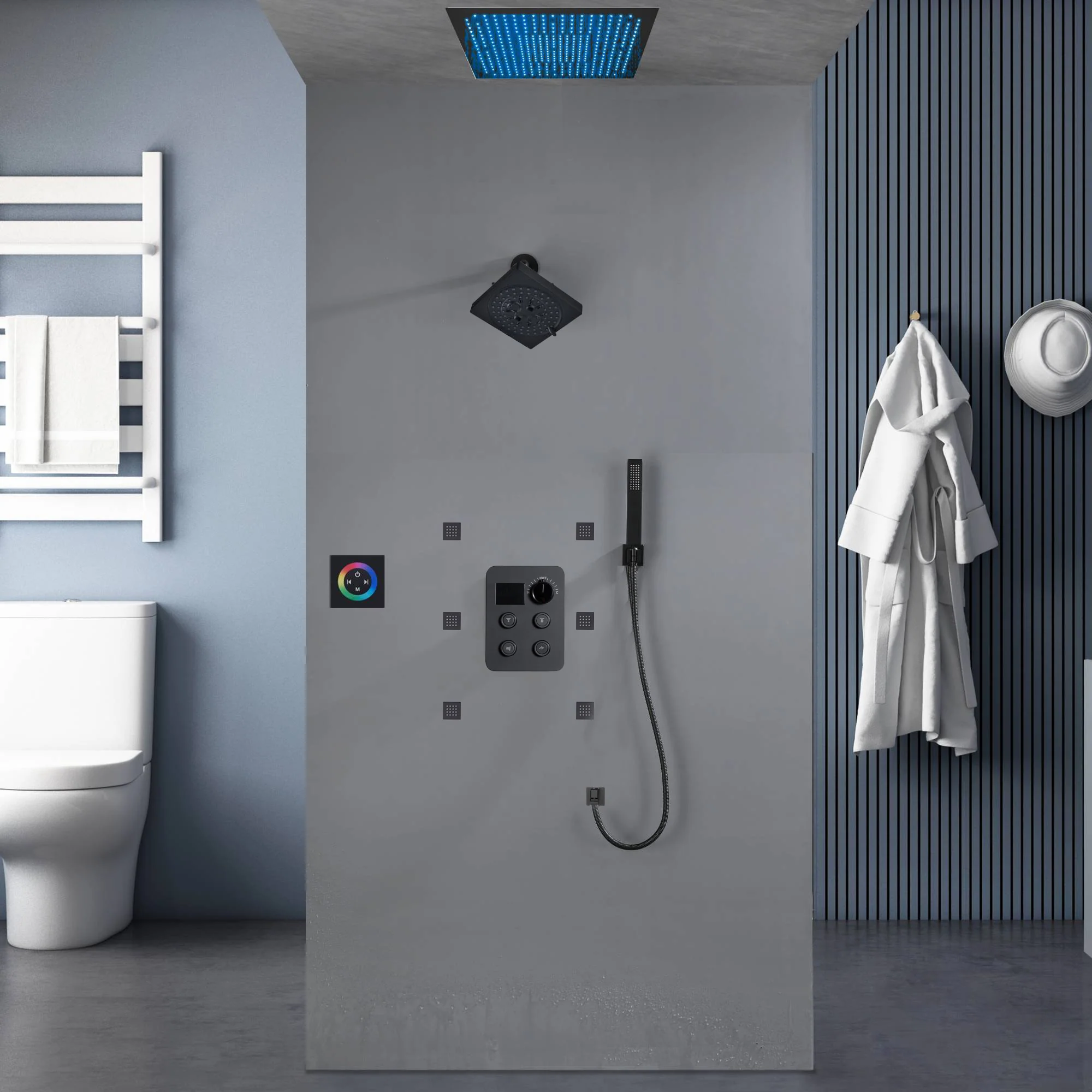 Flush Mount Shower Faucet Set with 4-Way Digital Thermostatic Control, 64-Color LED Lights - Image 2