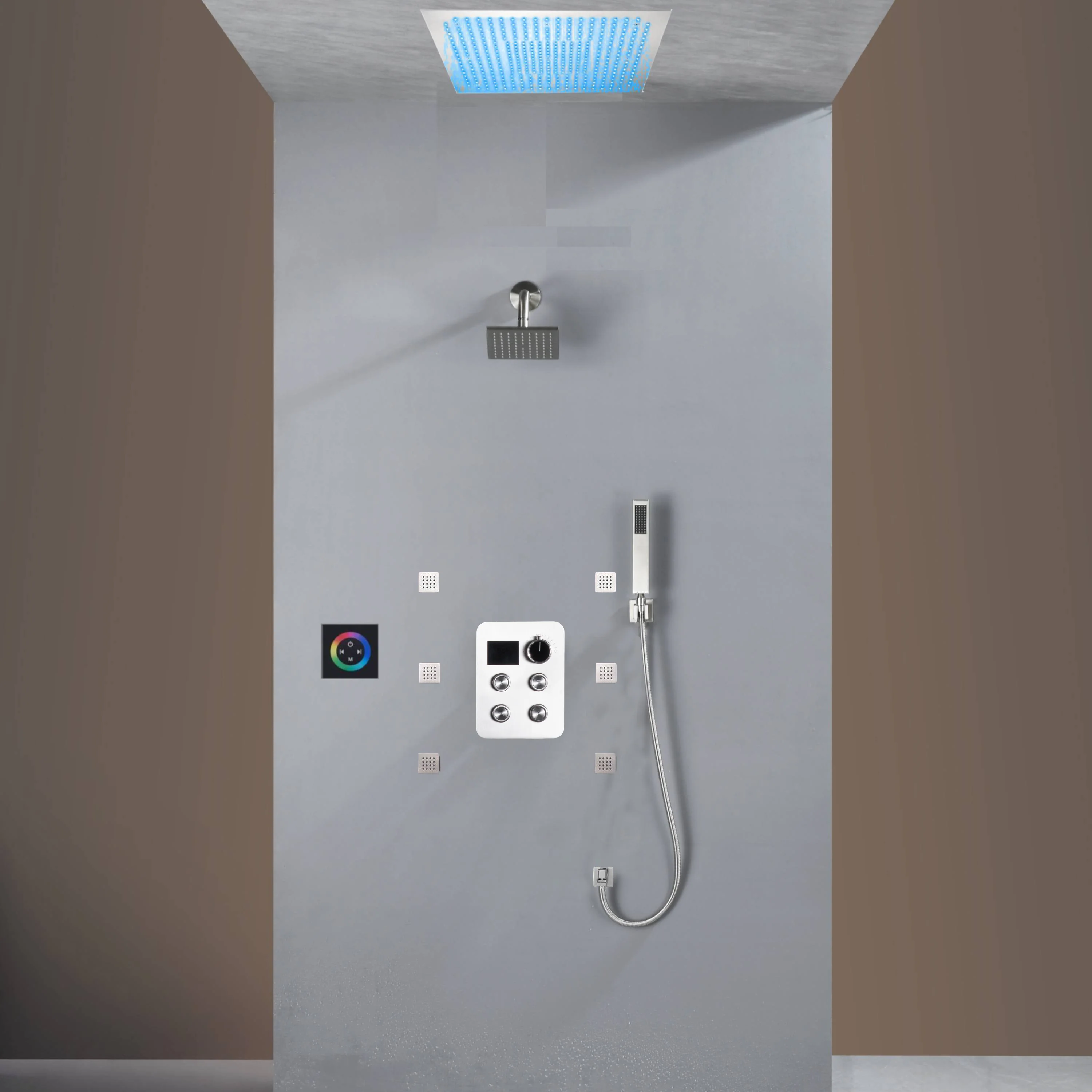 Flush Mount Shower Faucet Set with 4-Way Digital Thermostatic Control, 64-Color LED Lights - Image 3