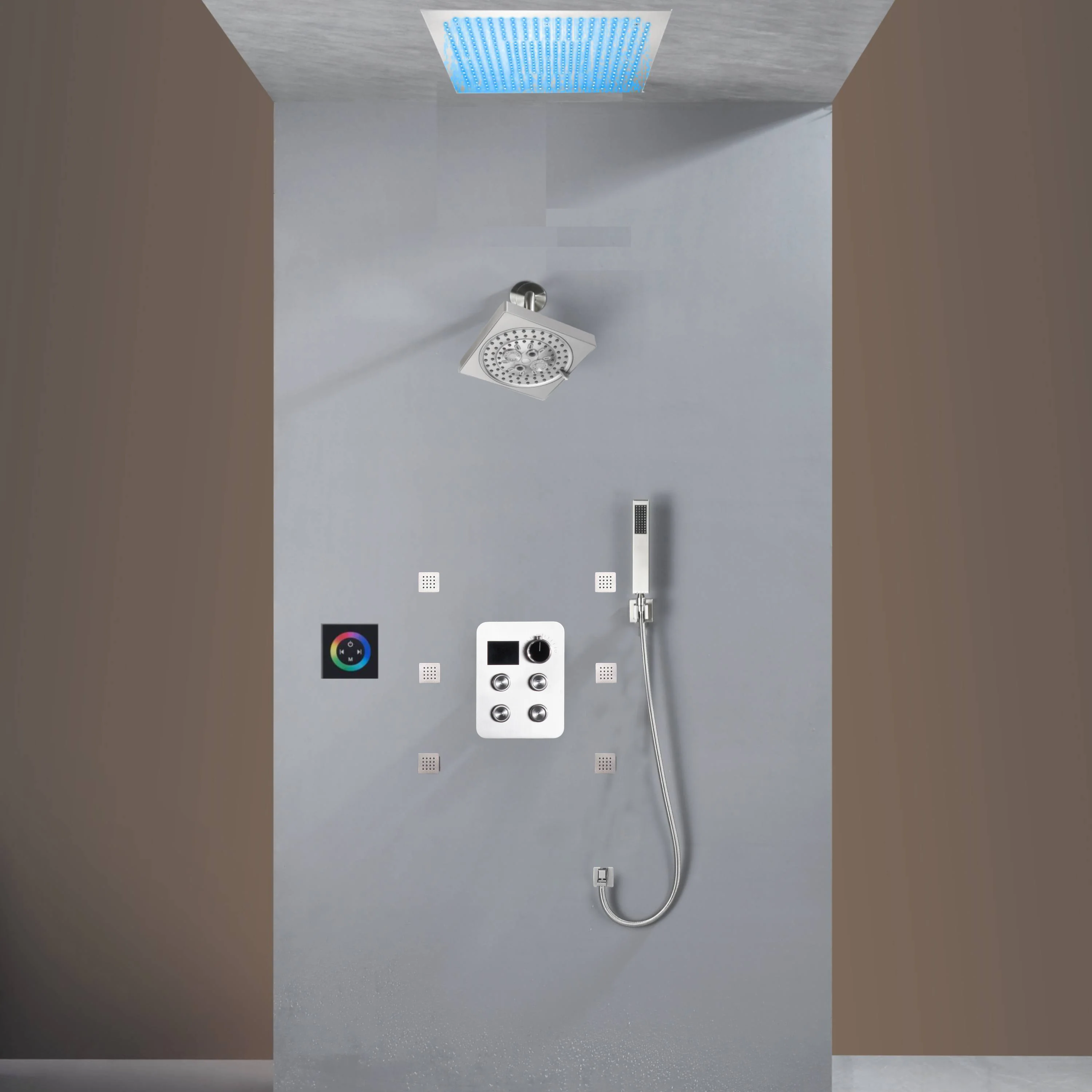 Flush Mount Shower Faucet Set with 4-Way Digital Thermostatic Control, 64-Color LED Lights - Image 4