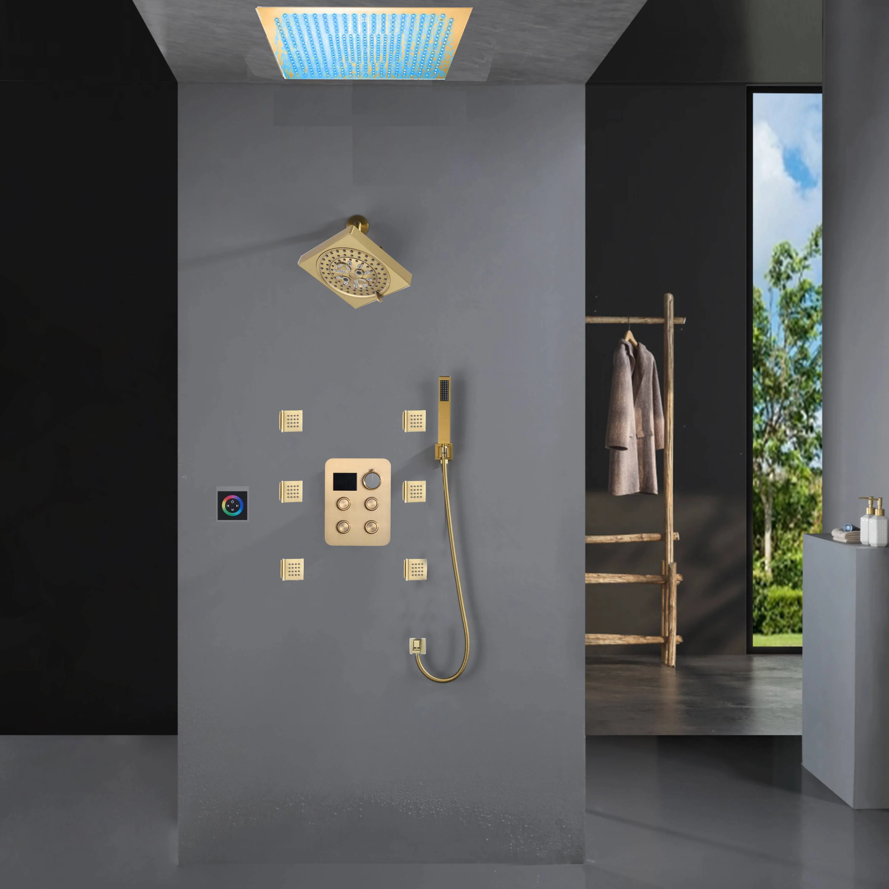 Flush Mount Shower Faucet Set with 4-Way Digital Thermostatic Control, 64-Color LED Lights - Image 5