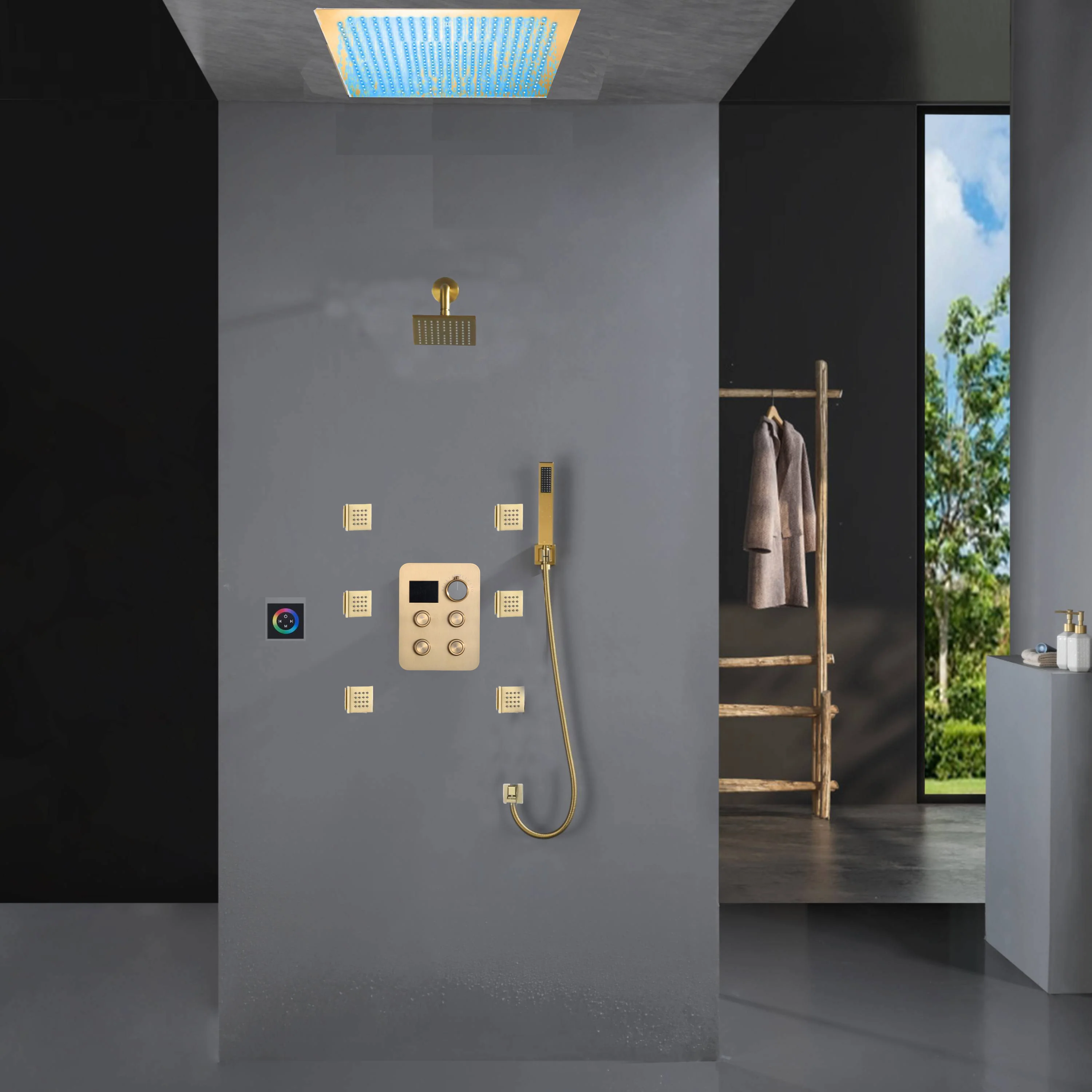 Flush Mount Shower Faucet Set with 4-Way Digital Thermostatic Control, 64-Color LED Lights - Image 6