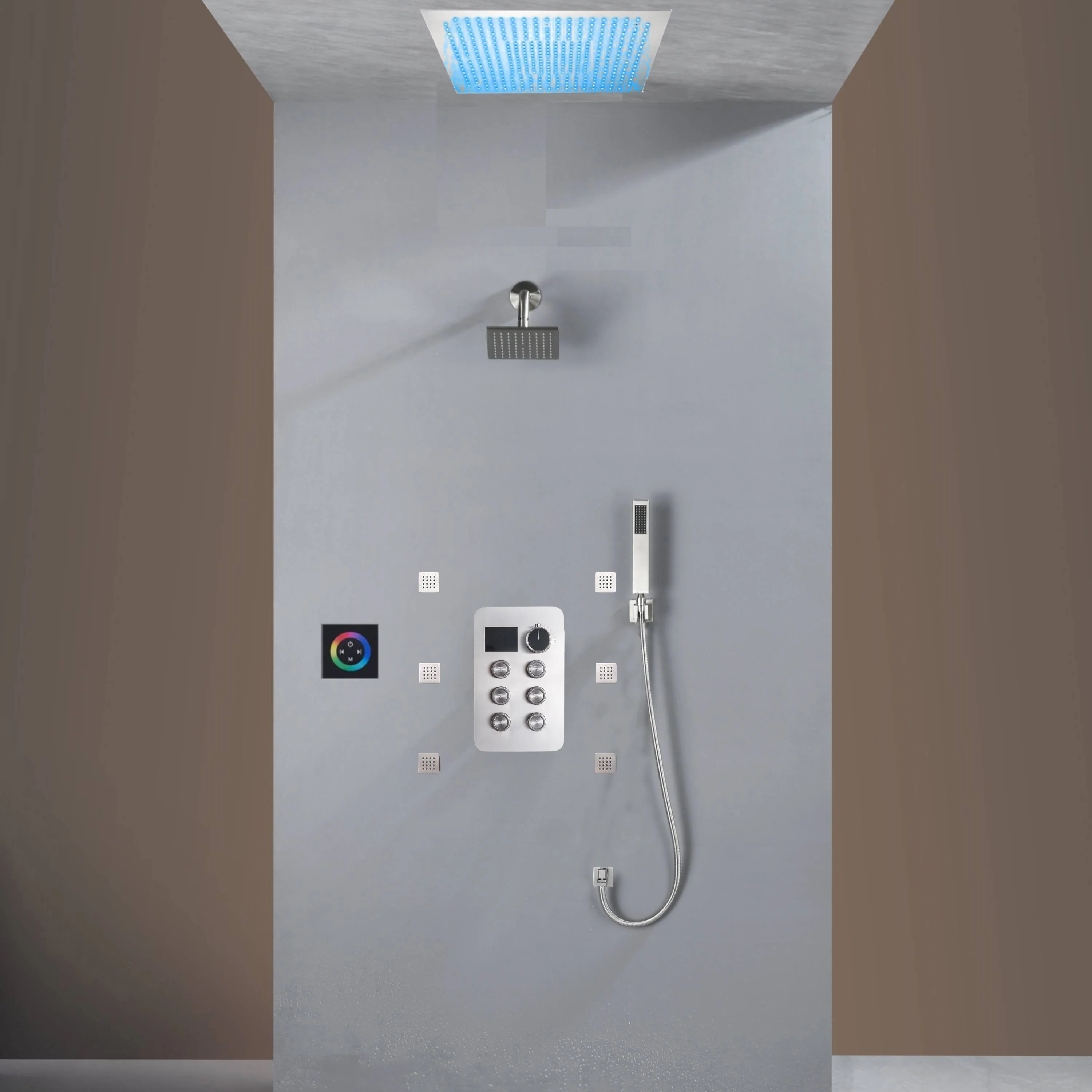 Flush Mount Shower Faucet Set with 6-Way Digital Thermostatic Control, 64-Color LED Lights - Image 2