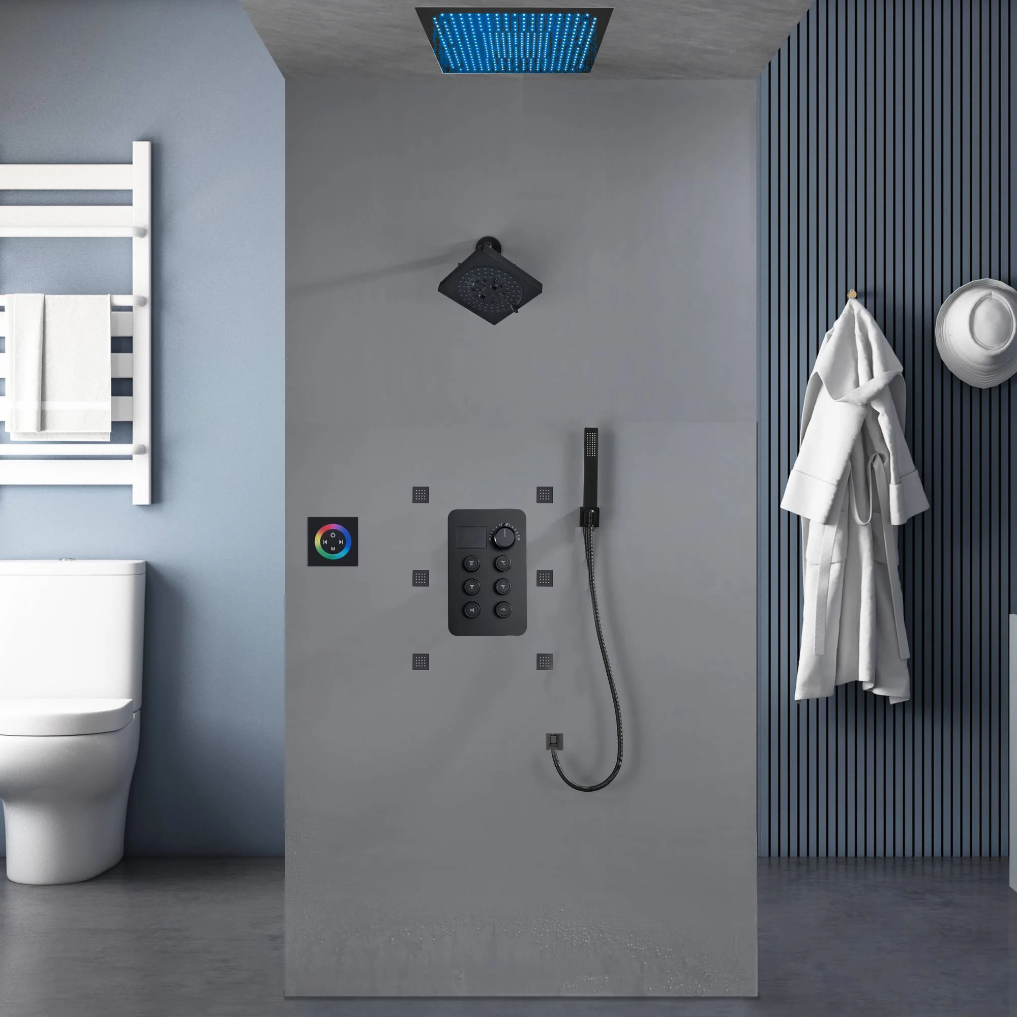 Flush Mount Shower Faucet Set with 6-Way Digital Thermostatic Control, 64-Color LED Lights - Image 3