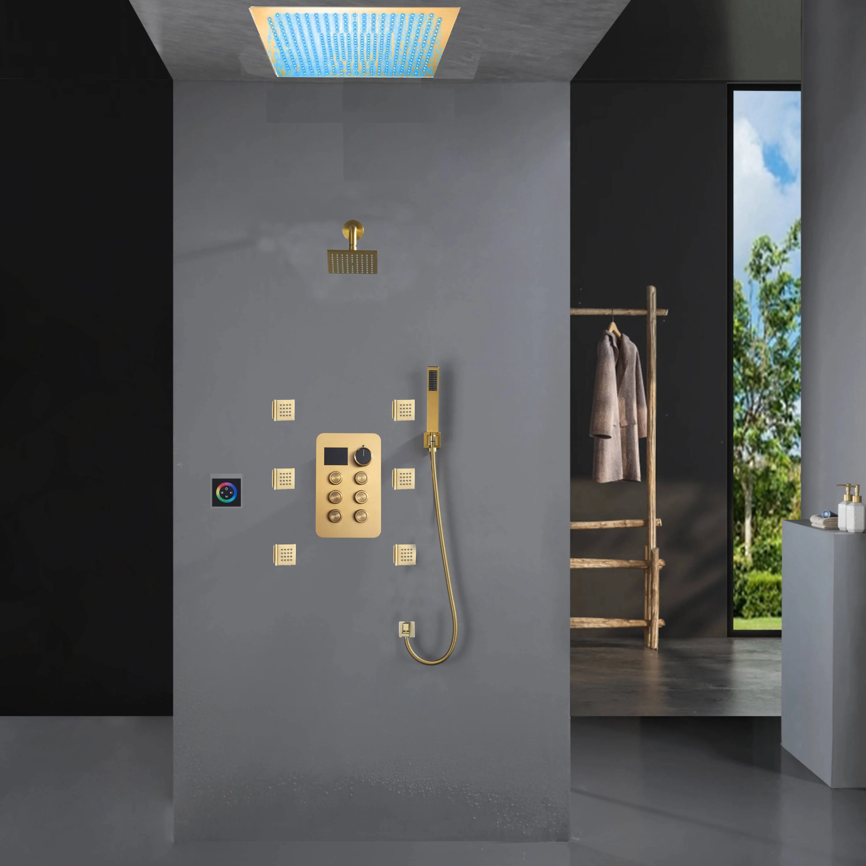 Flush Mount Shower Faucet Set with 6-Way Digital Thermostatic Control, 64-Color LED Lights - Image 5