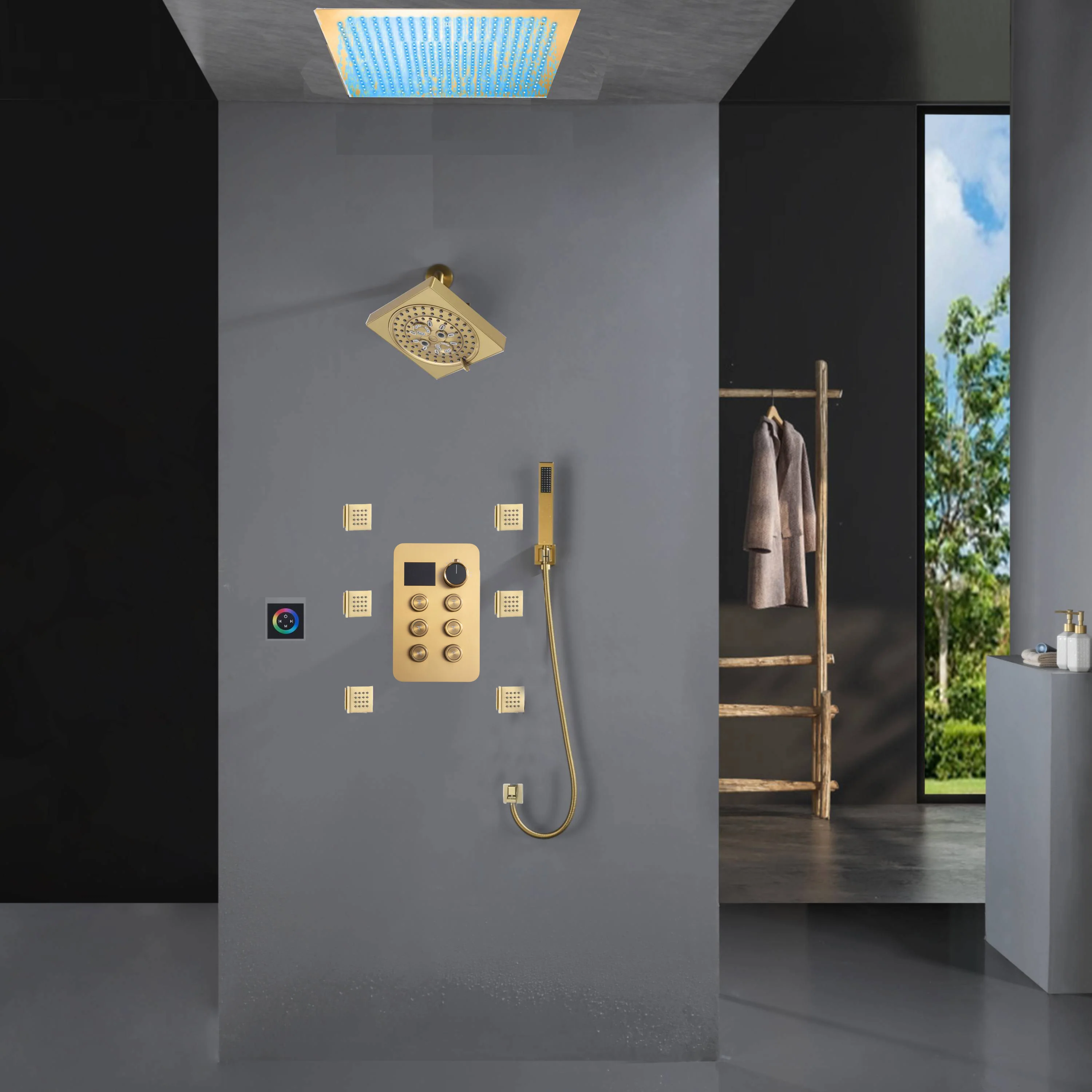 Flush Mount Shower Faucet Set with 6-Way Digital Thermostatic Control, 64-Color LED Lights - Image 6