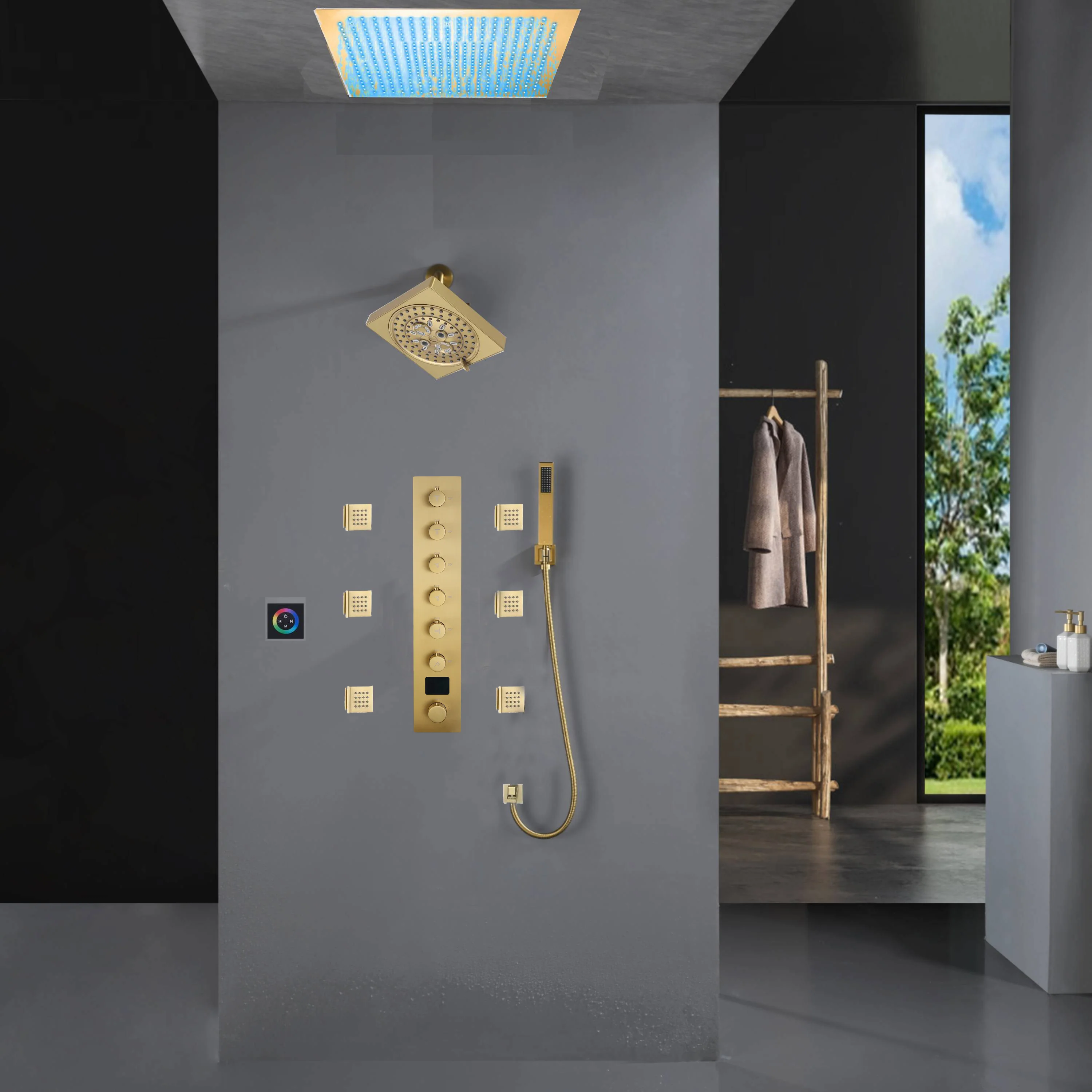 Flush Mount Shower Faucet Set with 6-Way Digital Thermostatic Control, 64-Color LED Lights - Image 2