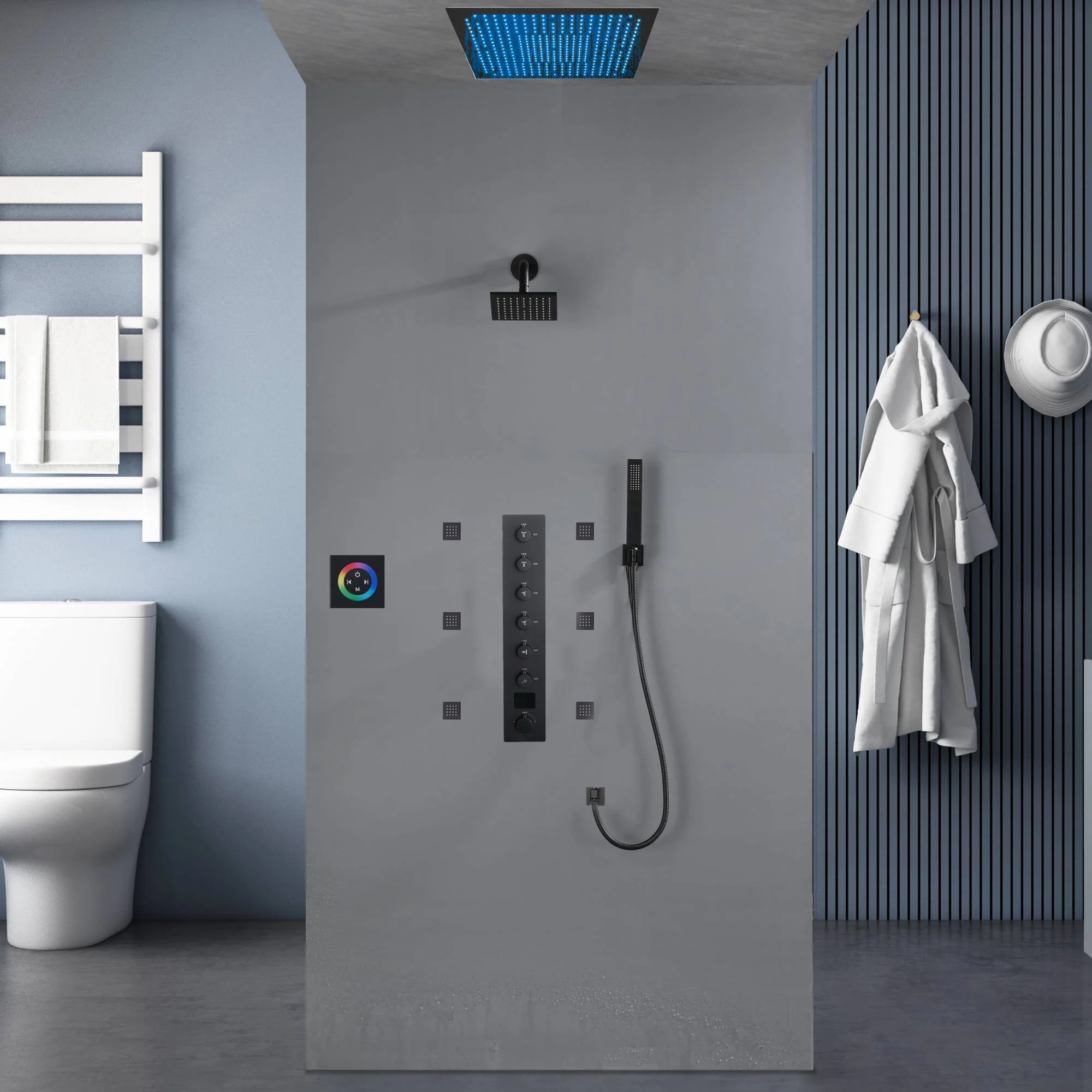 Flush Mount Shower Faucet Set with 6-Way Digital Thermostatic Control, 64-Color LED Lights - Image 3