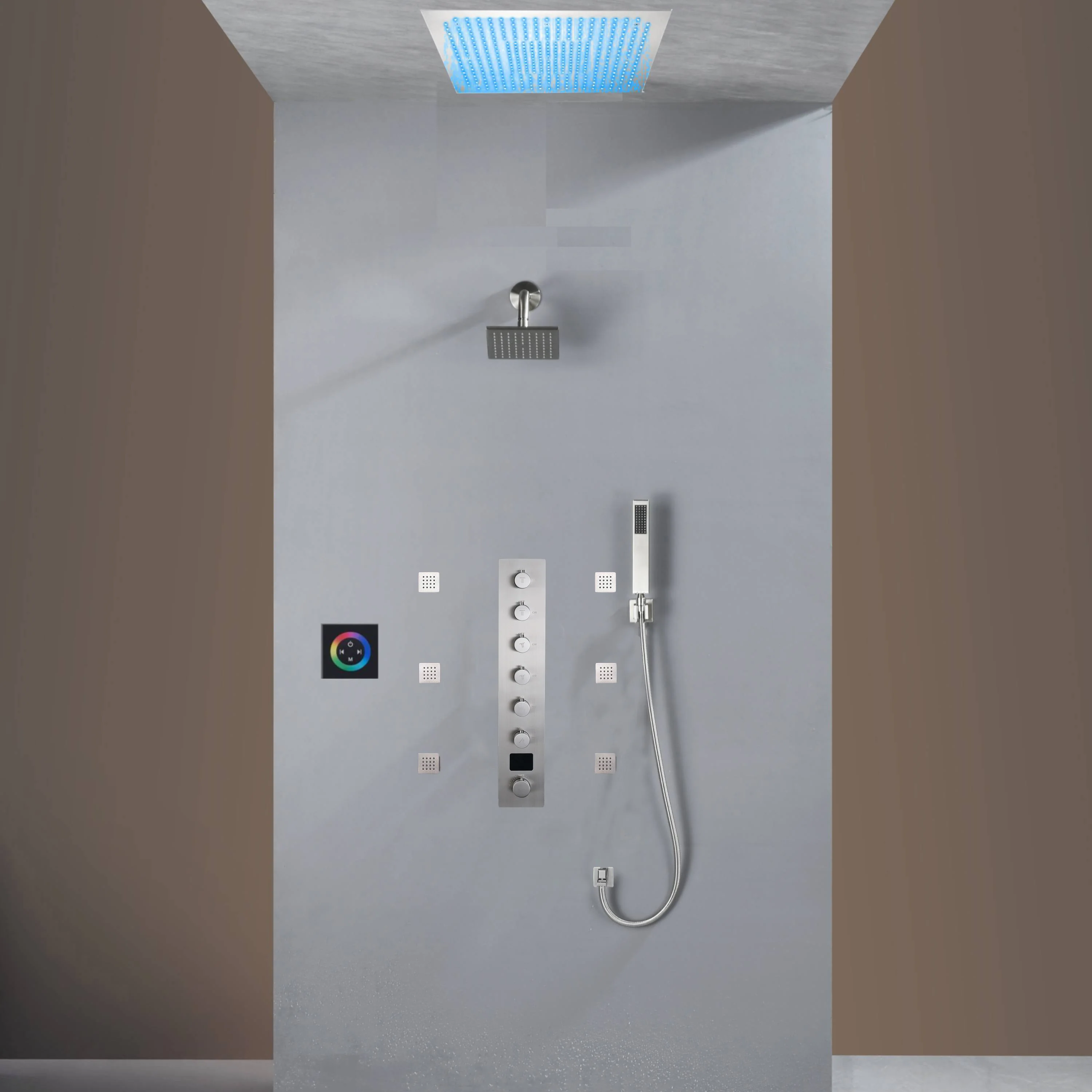Flush Mount Shower Faucet Set with 6-Way Digital Thermostatic Control, 64-Color LED Lights - Image 5