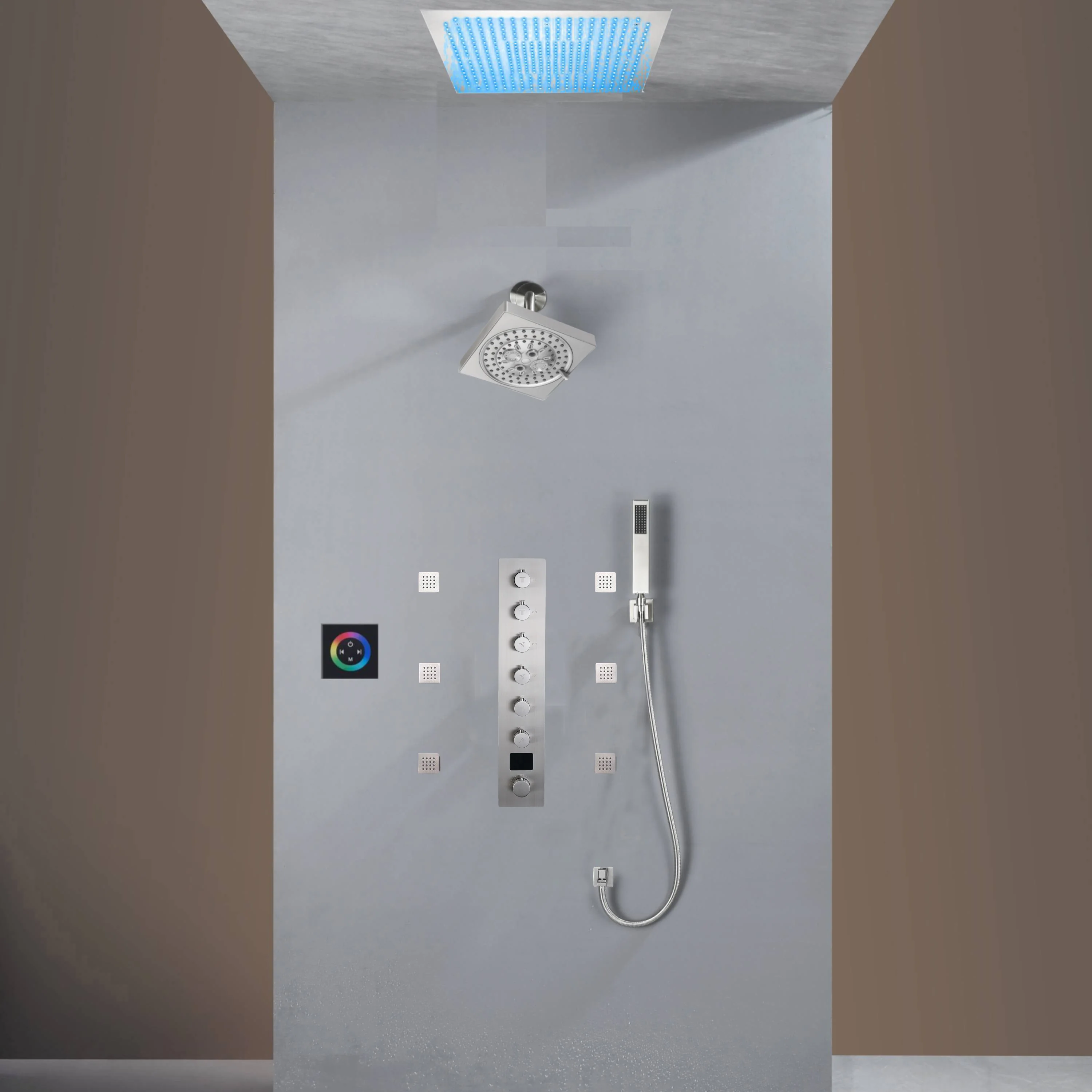 Flush Mount Shower Faucet Set with 6-Way Digital Thermostatic Control, 64-Color LED Lights - Image 6