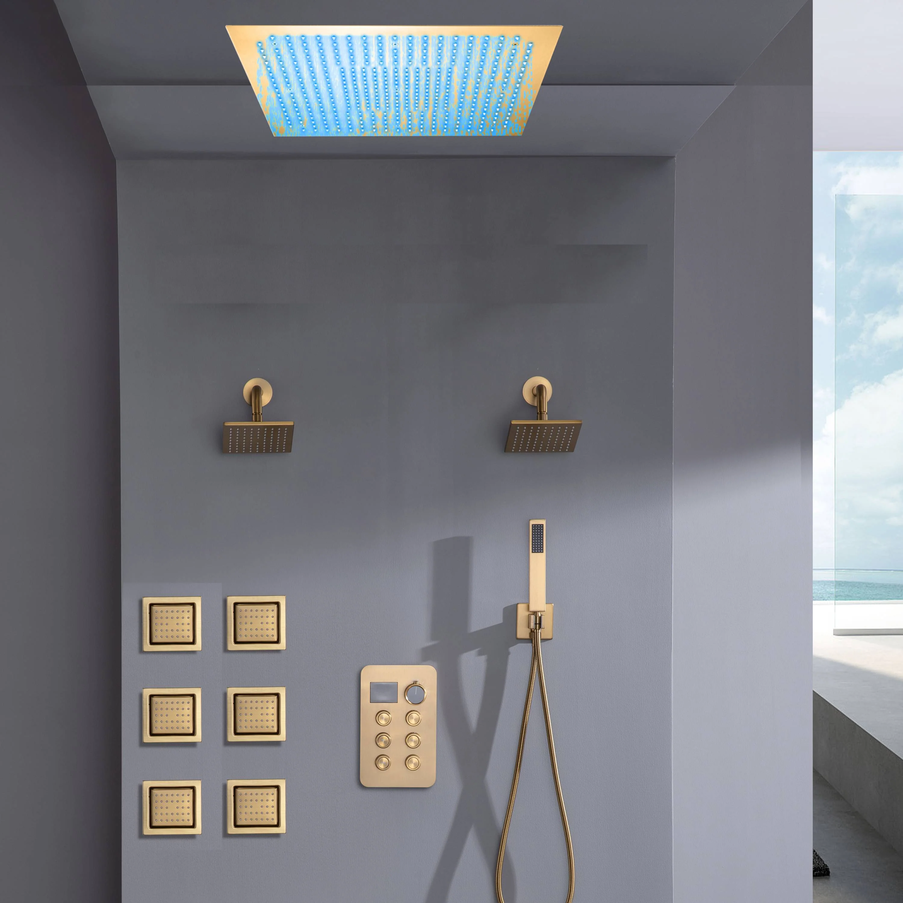 Flush Mount Bluetooth Music 64 LED Light Shower Head with 6-Way Digital Faucet, Dual 6" Regular Head, 6 Body Jets - Image 3