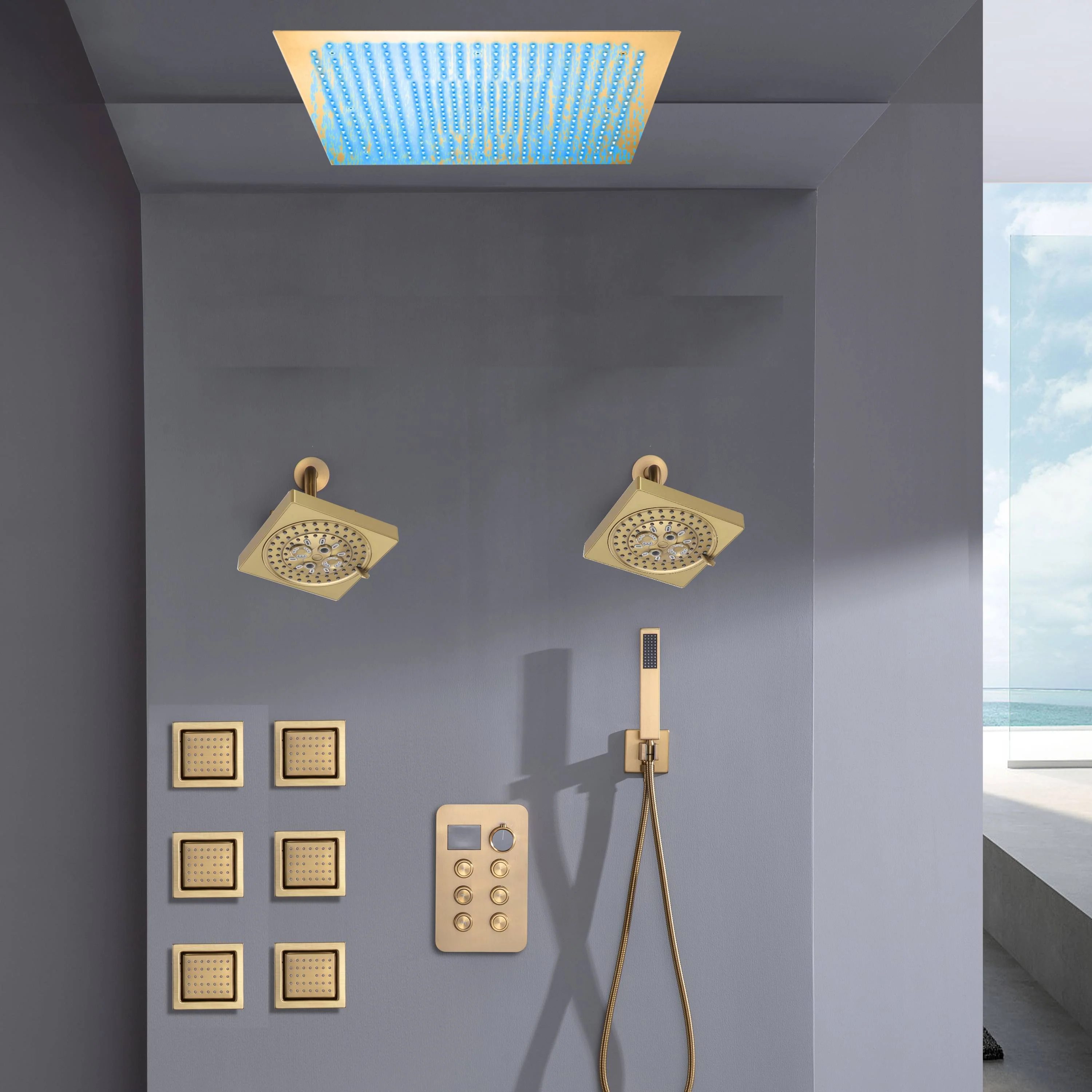 Flush Mount Bluetooth Music 64 LED Light Shower Head with 6-Way Digital Faucet, Dual 6" Regular Head, 6 Body Jets - Image 4