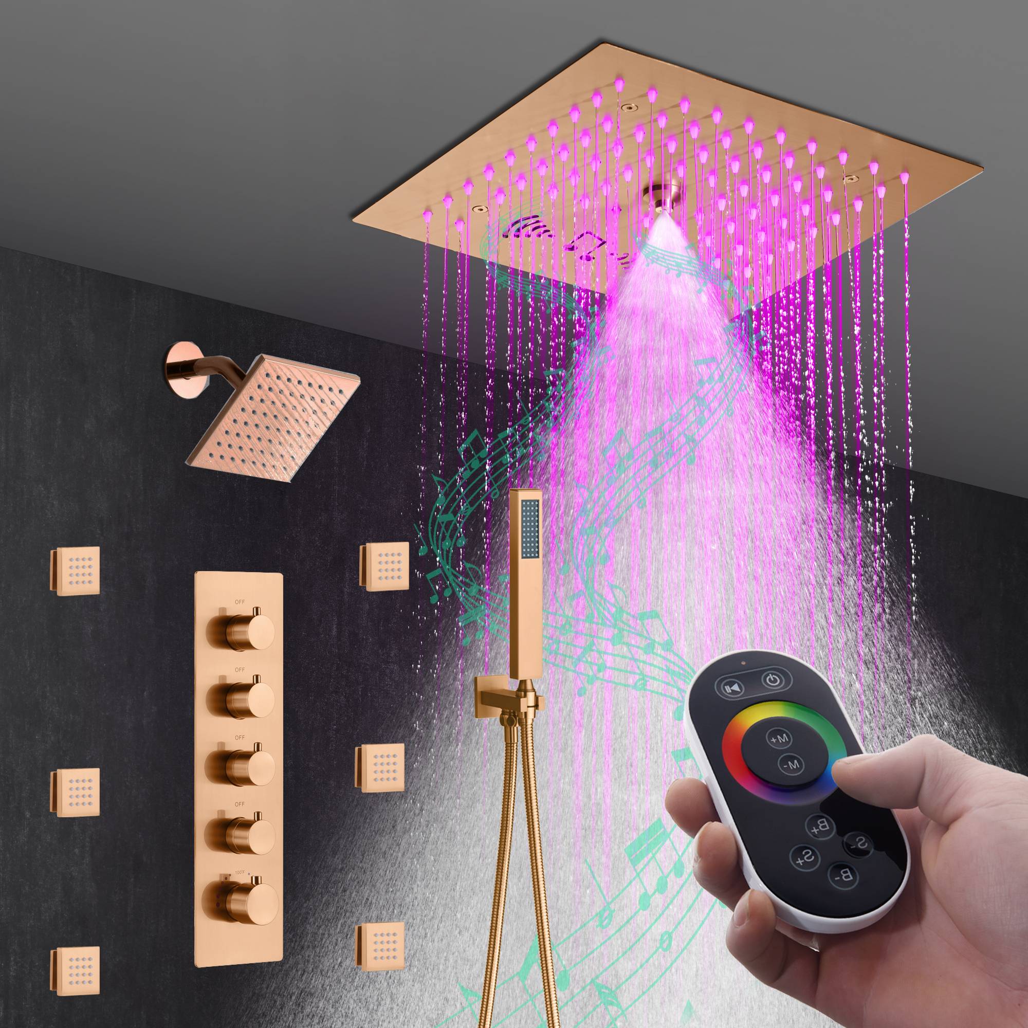 12" Rose Gold LED Bluetooth Music Shower System with 4-Way Thermostatic Faucet, Body Jets, 6" Regular Head - Image 2