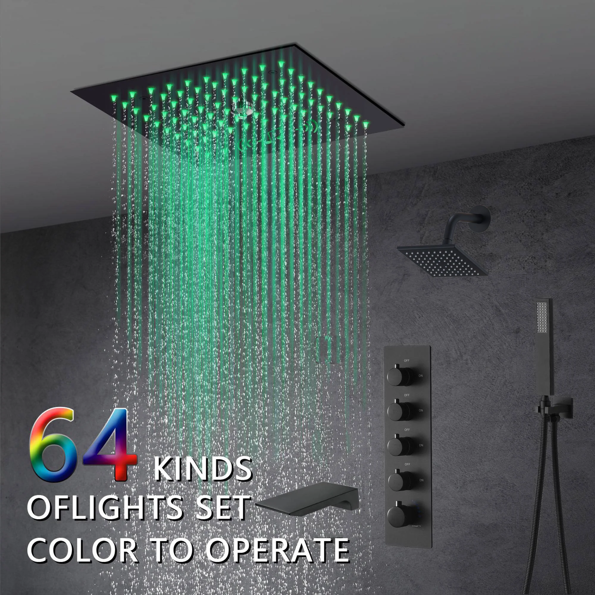 Flushed mount 12 inch 64 LED colors light Matte Black Bluetooth Music 4 Way Thermostatic Shower Faucet with Tub Spout and Regular Head - Image 3
