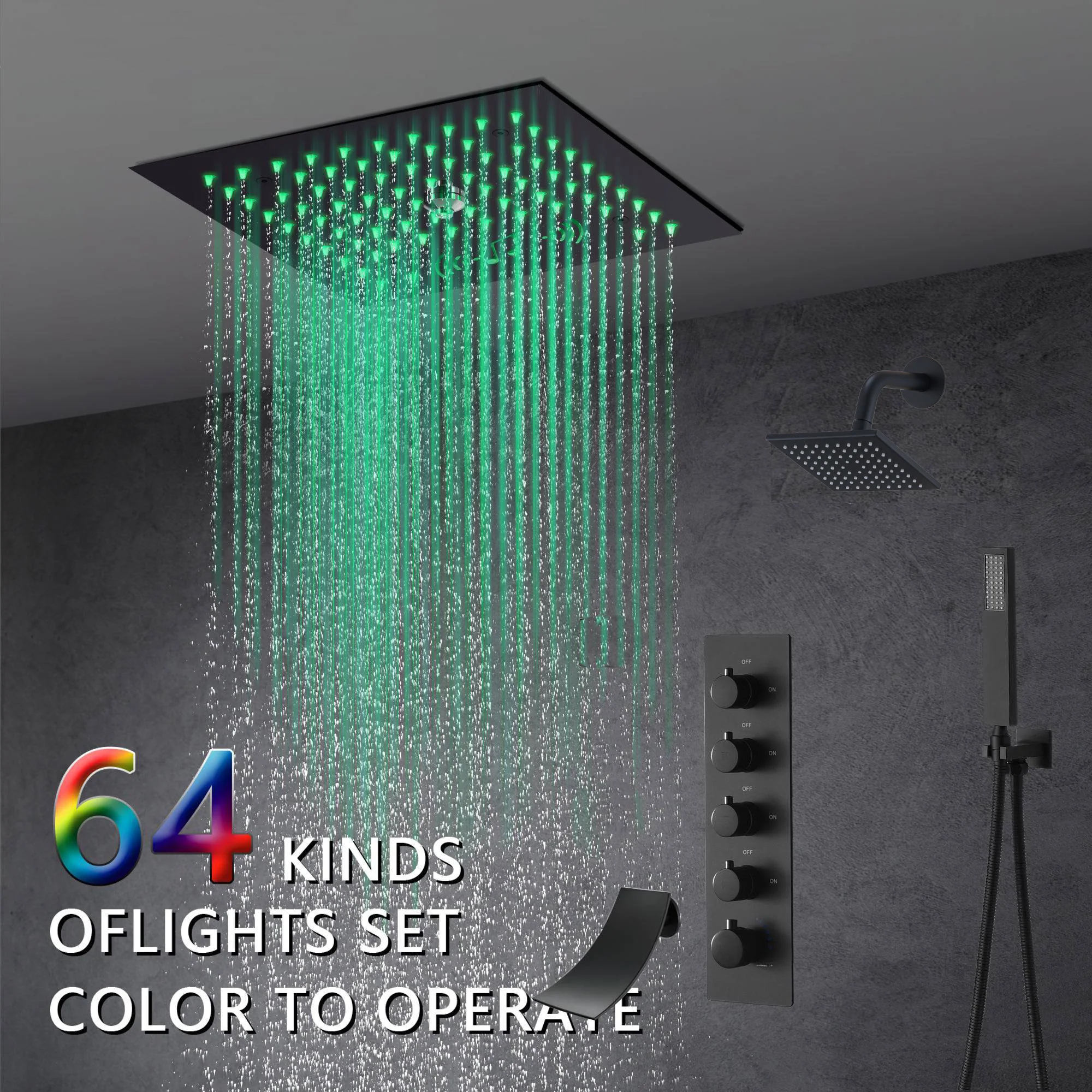 Flushed mount 12 inch 64 LED colors light Matte Black Bluetooth Music 4 Way Thermostatic Shower Faucet with Tub Spout and Regular Head - Image 5