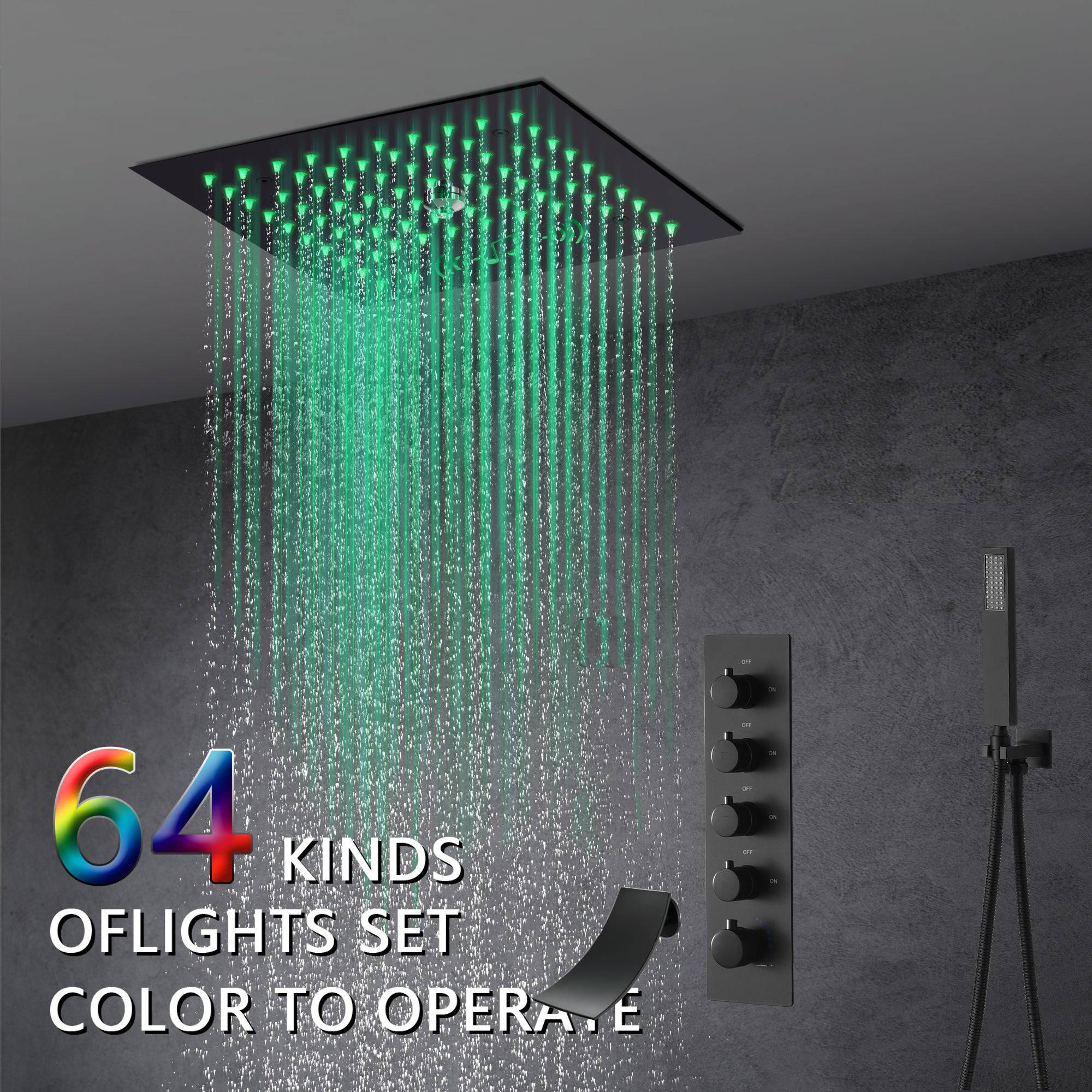 Flushed mount 12 inch  64 LED colors light Matte Black  Bluetooth Music 4 Way Thermostatic Shower Faucet with Tub Spout - Image 3