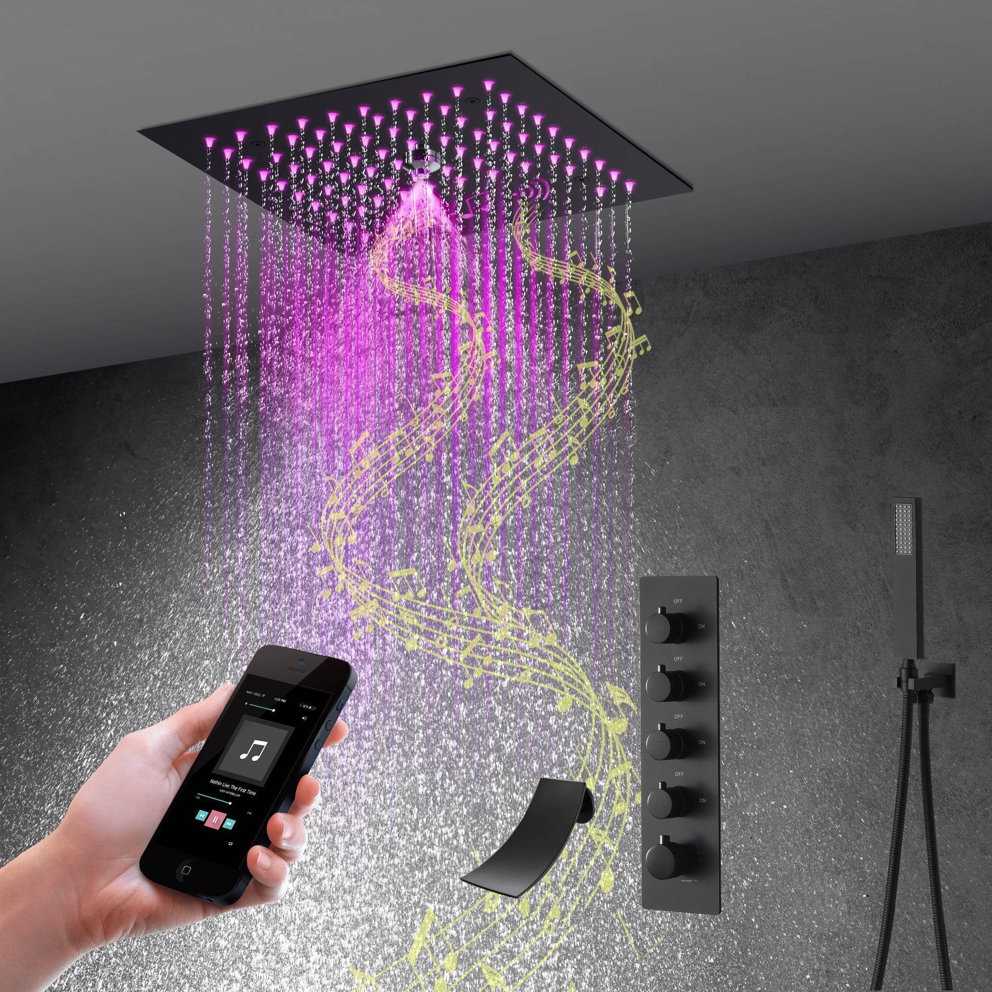 Flushed mount 12 inch  64 LED colors light Matte Black  Bluetooth Music 4 Way Thermostatic Shower Faucet with Tub Spout - Image 4